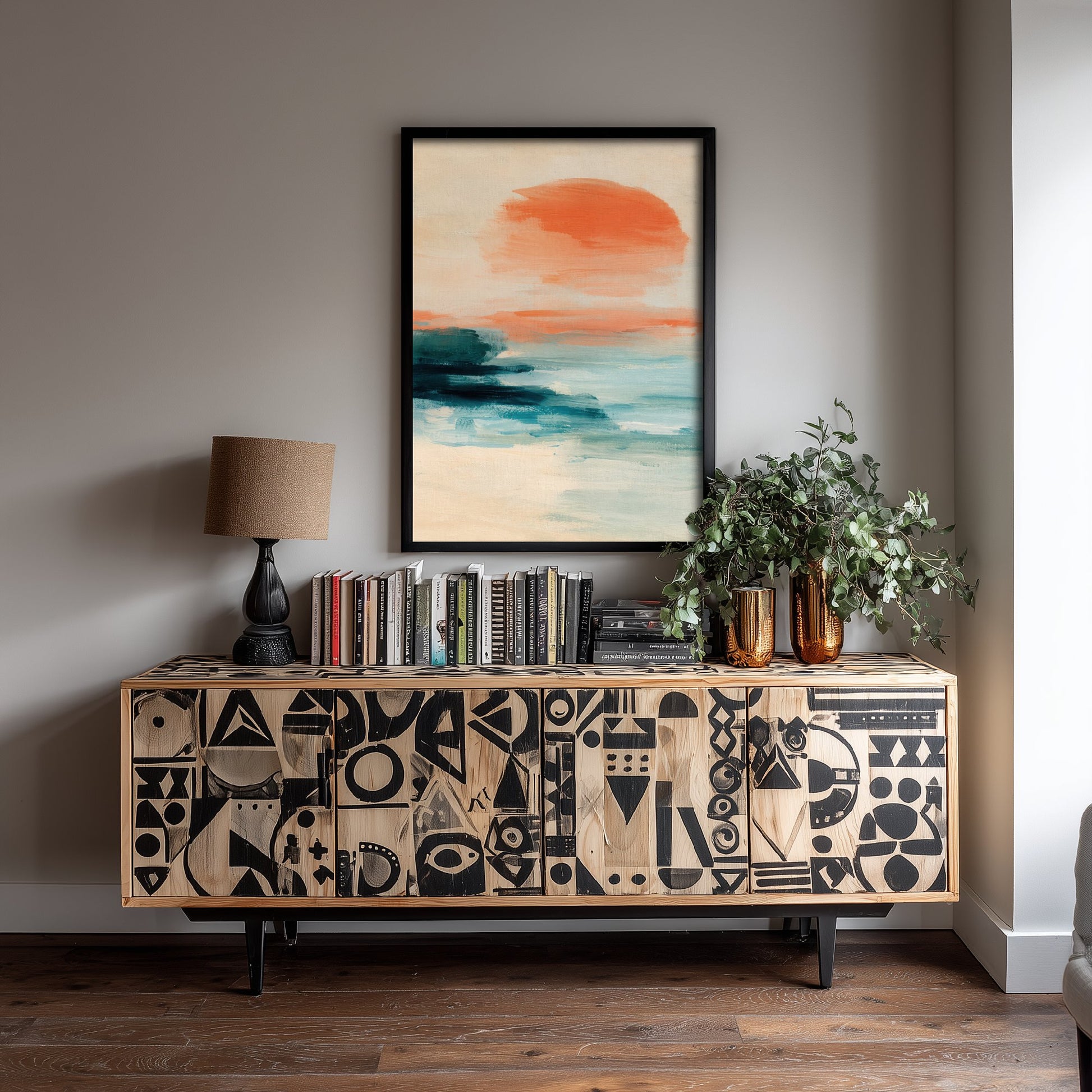 Abstract Seascape Art Print - Peach & Mint Sunset Poster - Coastal Illustration - Beach Wall Art 1/3