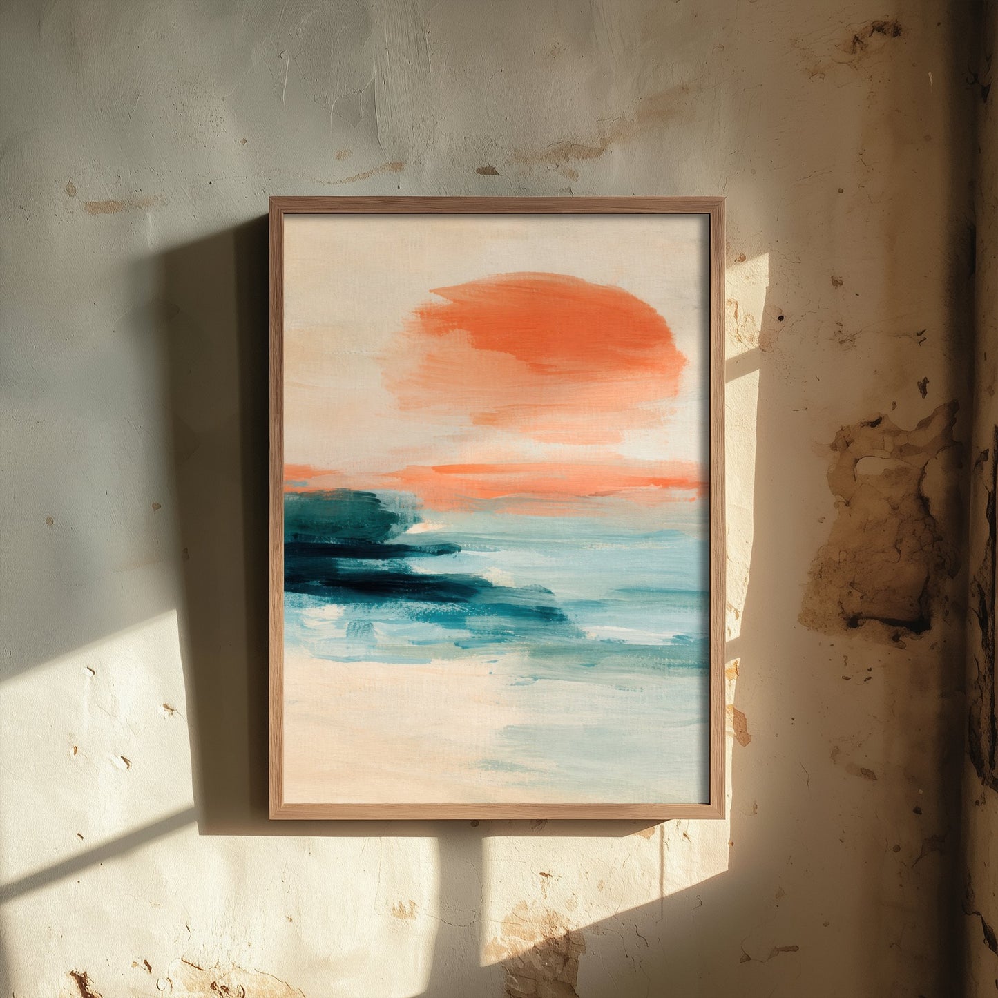 Abstract Seascape Art Print - Peach & Mint Sunset Poster - Coastal Illustration - Beach Wall Art 1/3