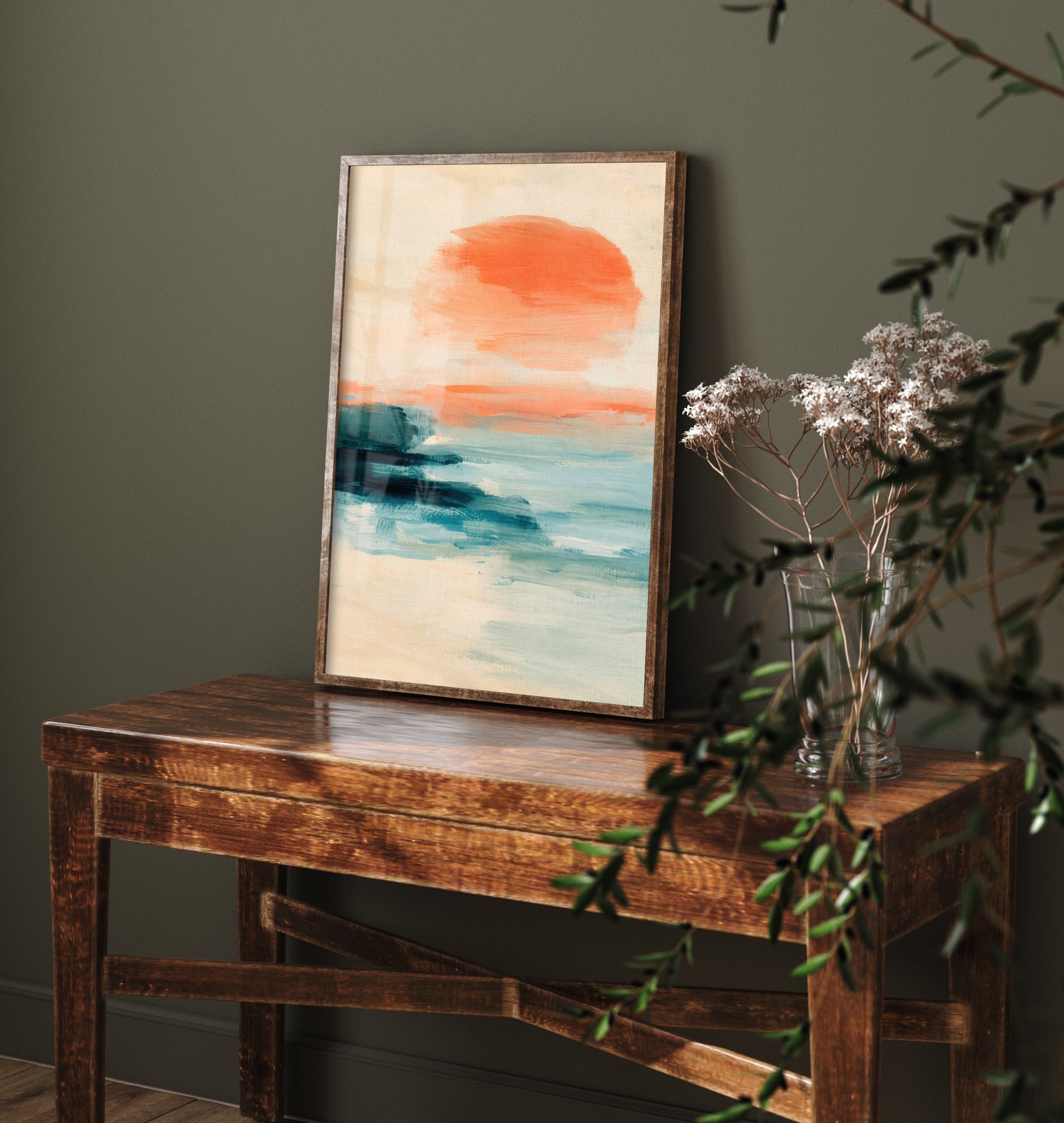 Abstract Seascape Art Print - Peach & Mint Sunset Poster - Coastal Illustration - Beach Wall Art 1/3