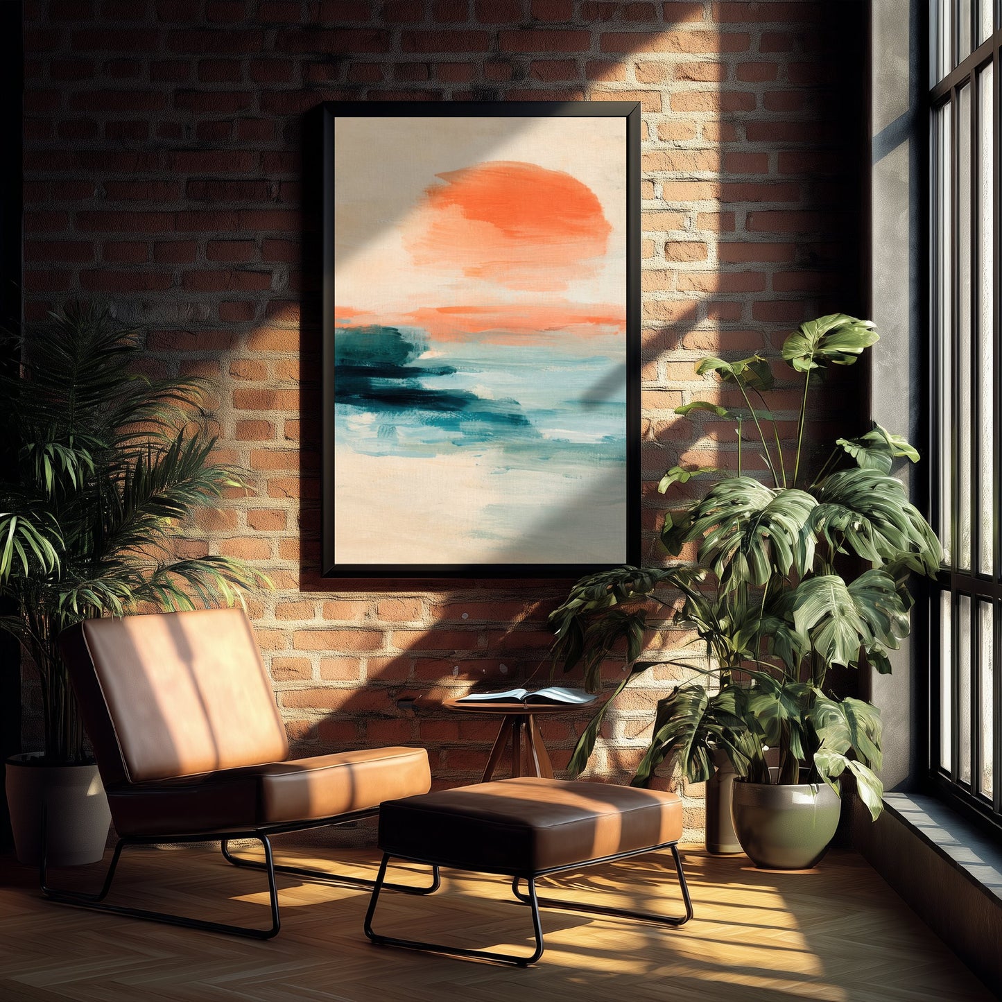 Abstract Seascape Art Print - Peach & Mint Sunset Poster - Coastal Illustration - Beach Wall Art 1/3