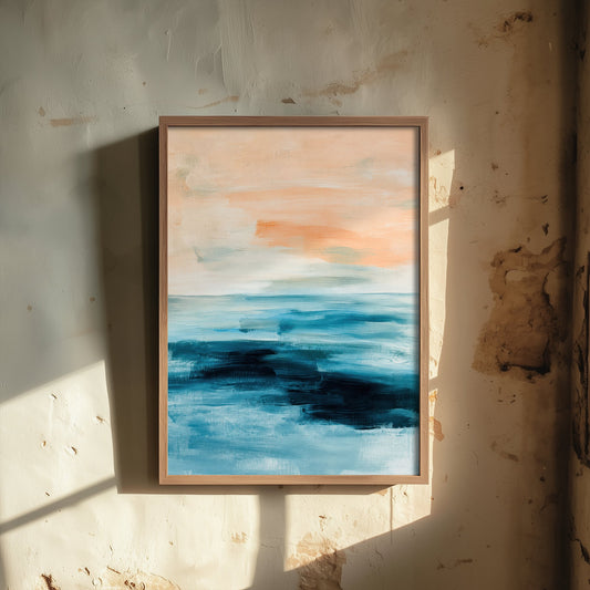 Abstract Seascape Art Print - Peach Sky Ocean Poster - Calm Coastal Illustration - Beach Wall Art 3/3
