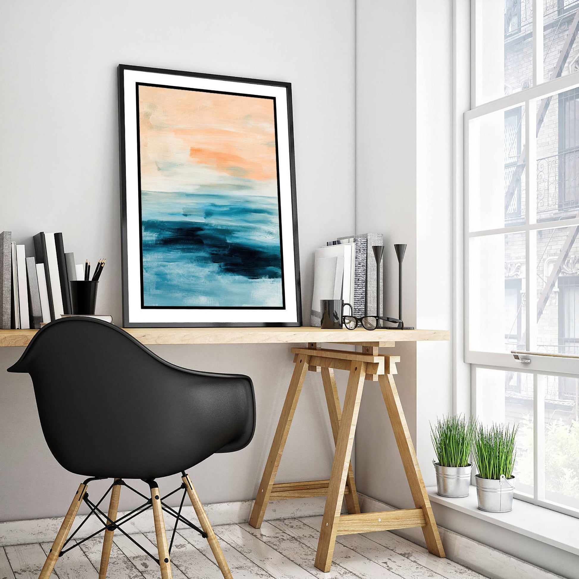 Abstract Seascape Art Print - Peach Sky Ocean Poster - Calm Coastal Illustration - Beach Wall Art 3/3
