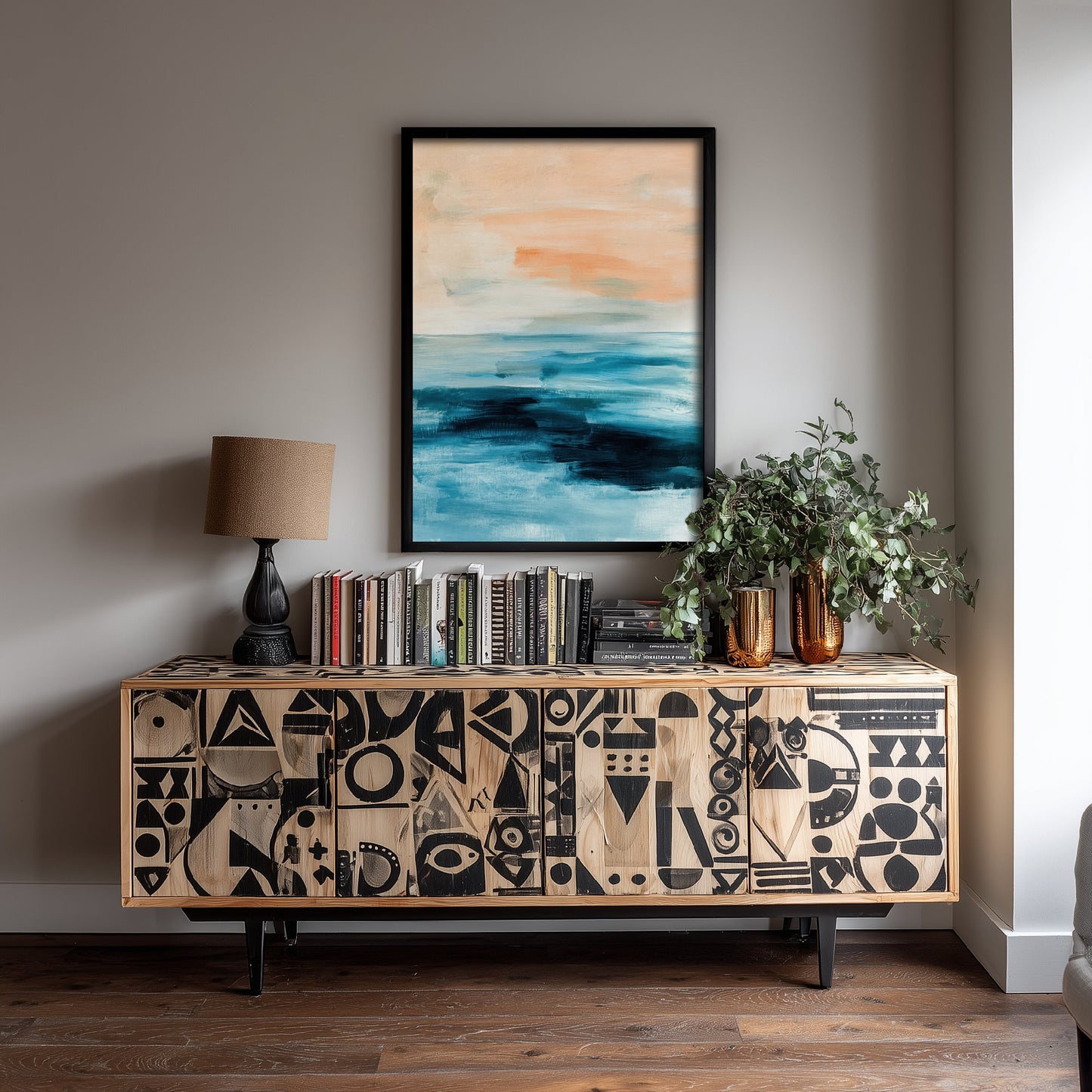 Abstract Seascape Art Print - Peach Sky Ocean Poster - Calm Coastal Illustration - Beach Wall Art 3/3