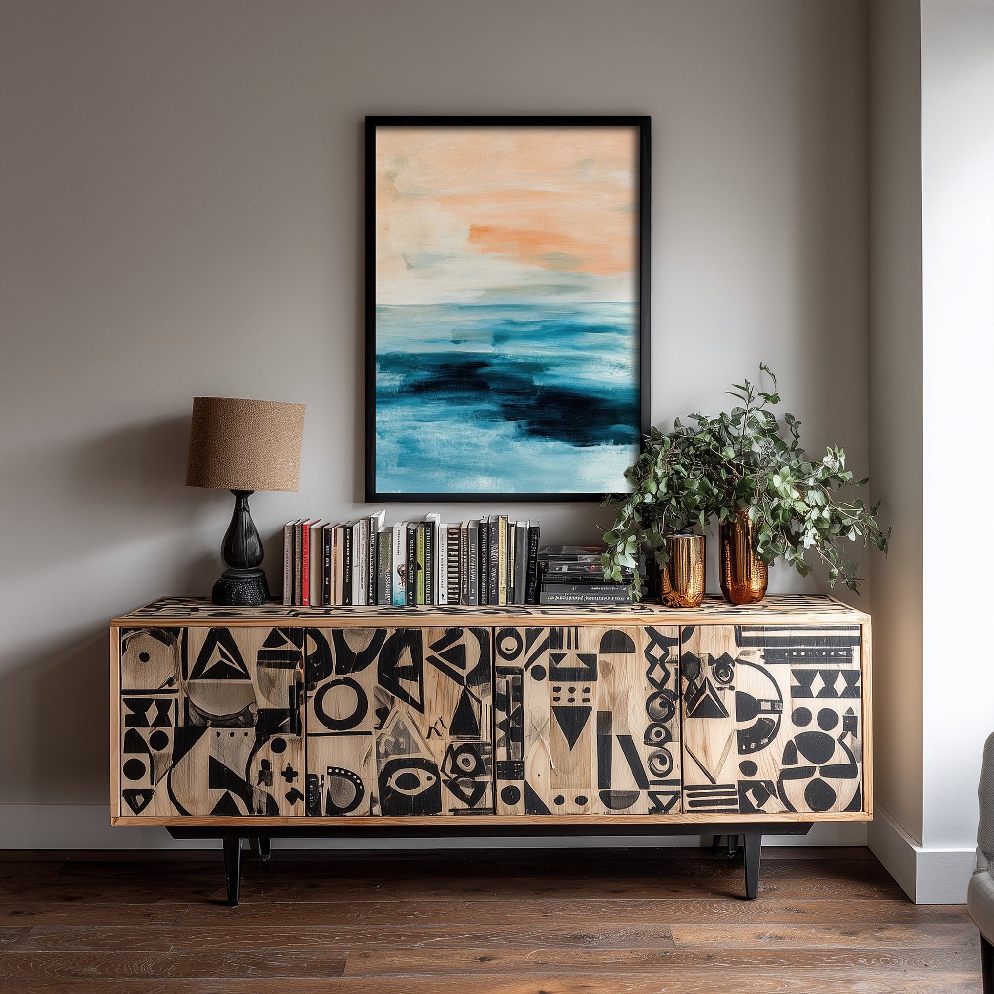 Abstract Seascape Art Print - Peach Sky Ocean Poster - Calm Coastal Illustration - Beach Wall Art 3/3
