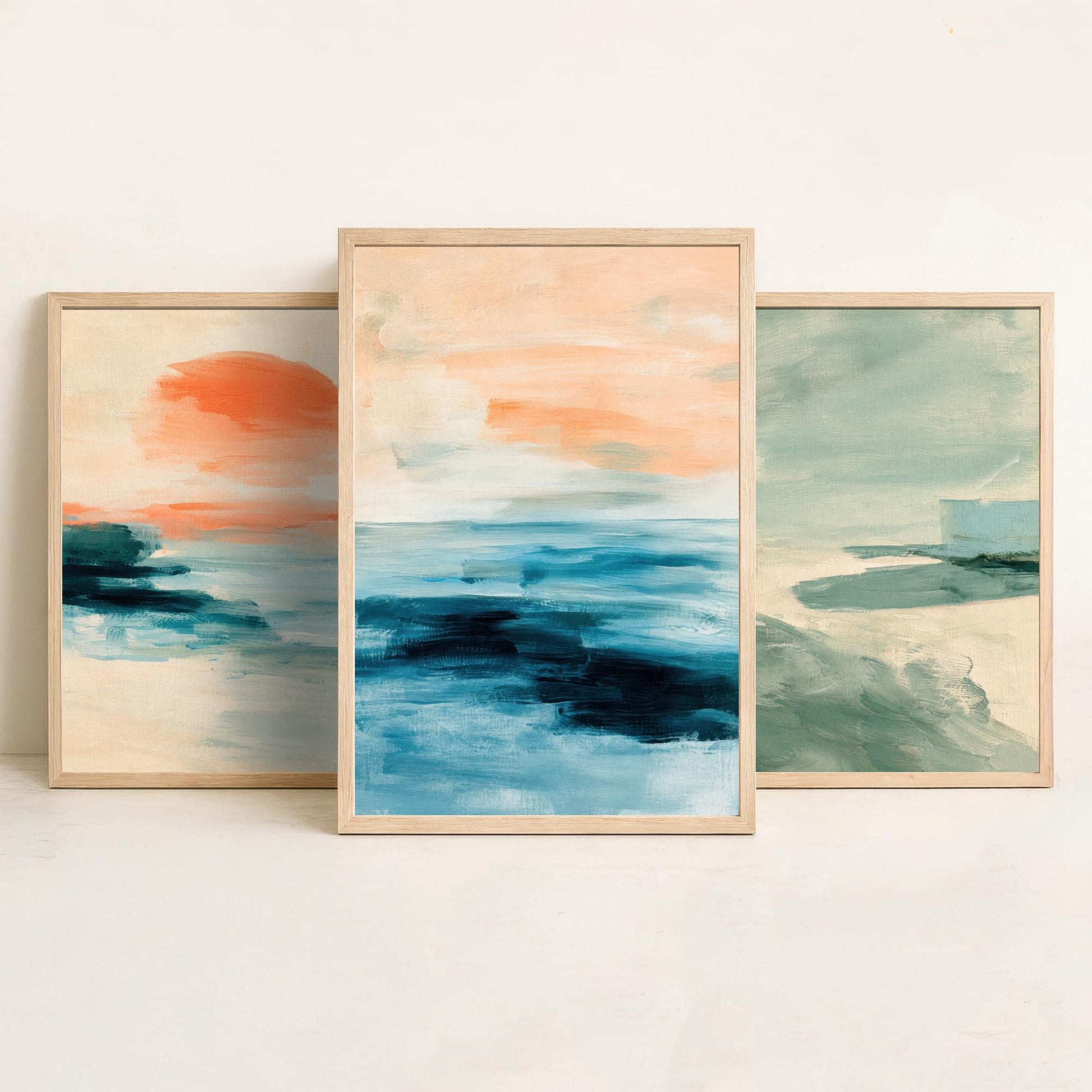 Abstract Seascape Set of Three Art Prints - Peach & Mint Ocean Wall Art - Coastal Poster Painting Gift Calm Beach Decor