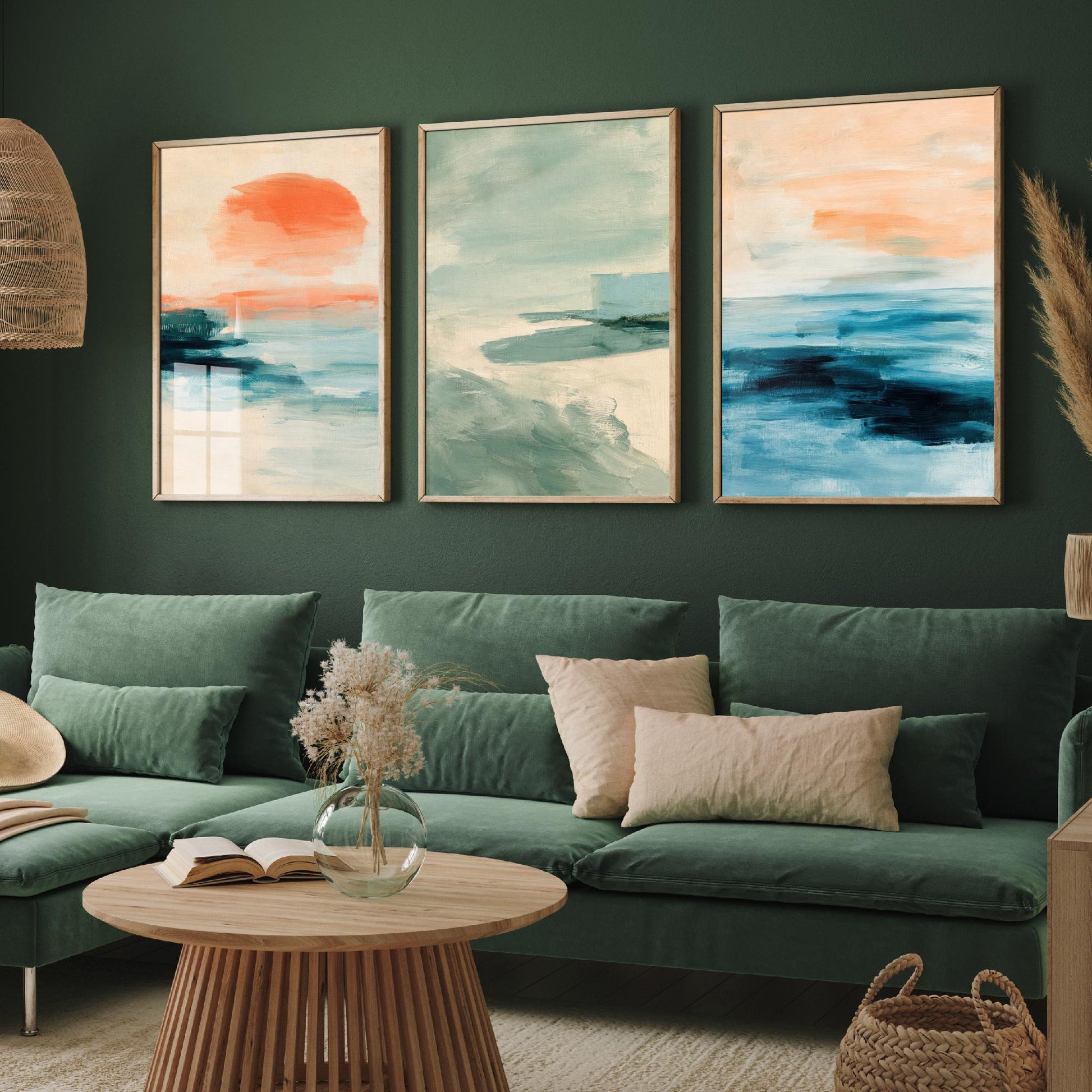 Abstract Seascape Set of Three Art Prints - Peach & Mint Ocean Wall Art - Coastal Poster Painting Gift Calm Beach Decor