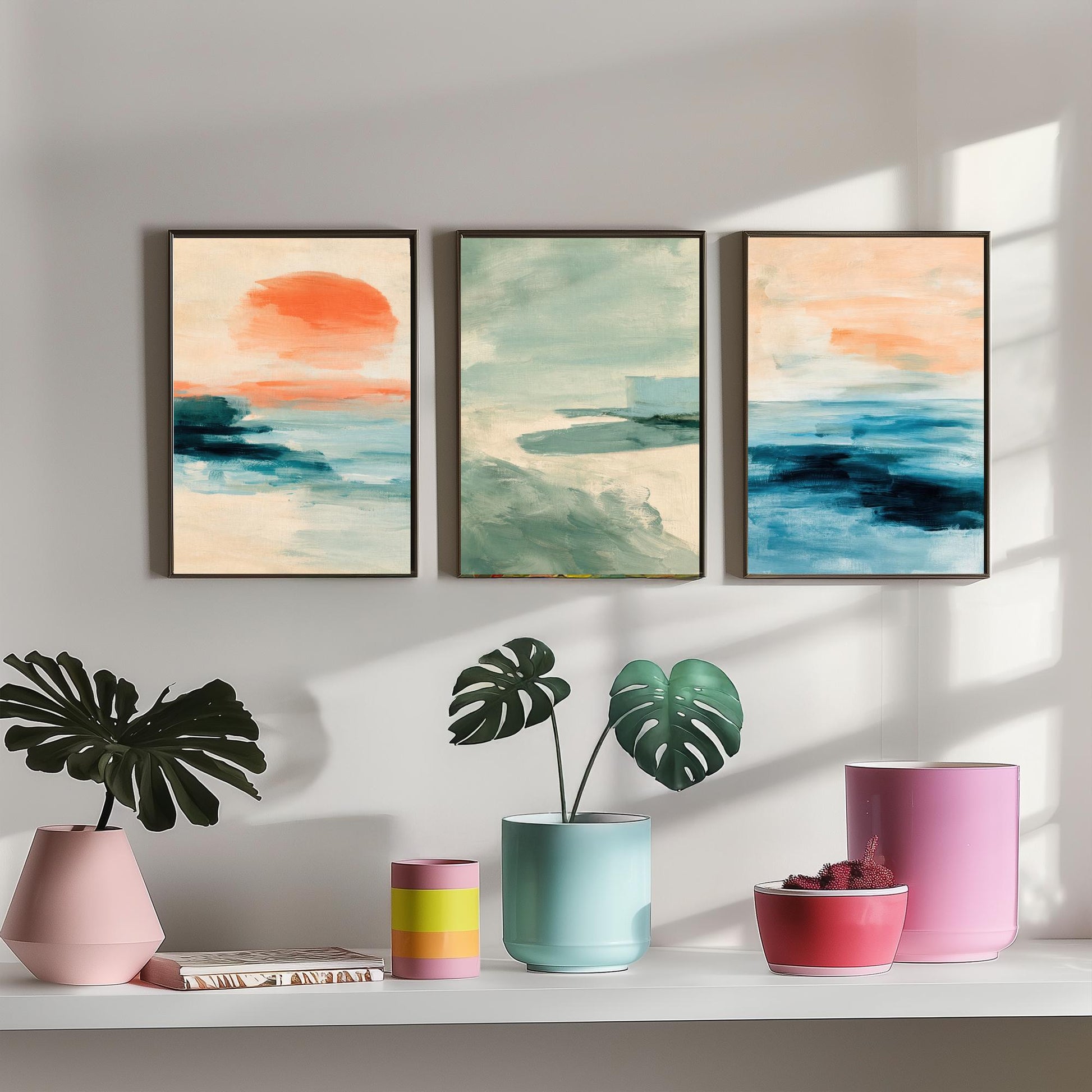 Abstract Seascape Set of Three Art Prints - Peach & Mint Ocean Wall Art - Coastal Poster Painting Gift Calm Beach Decor