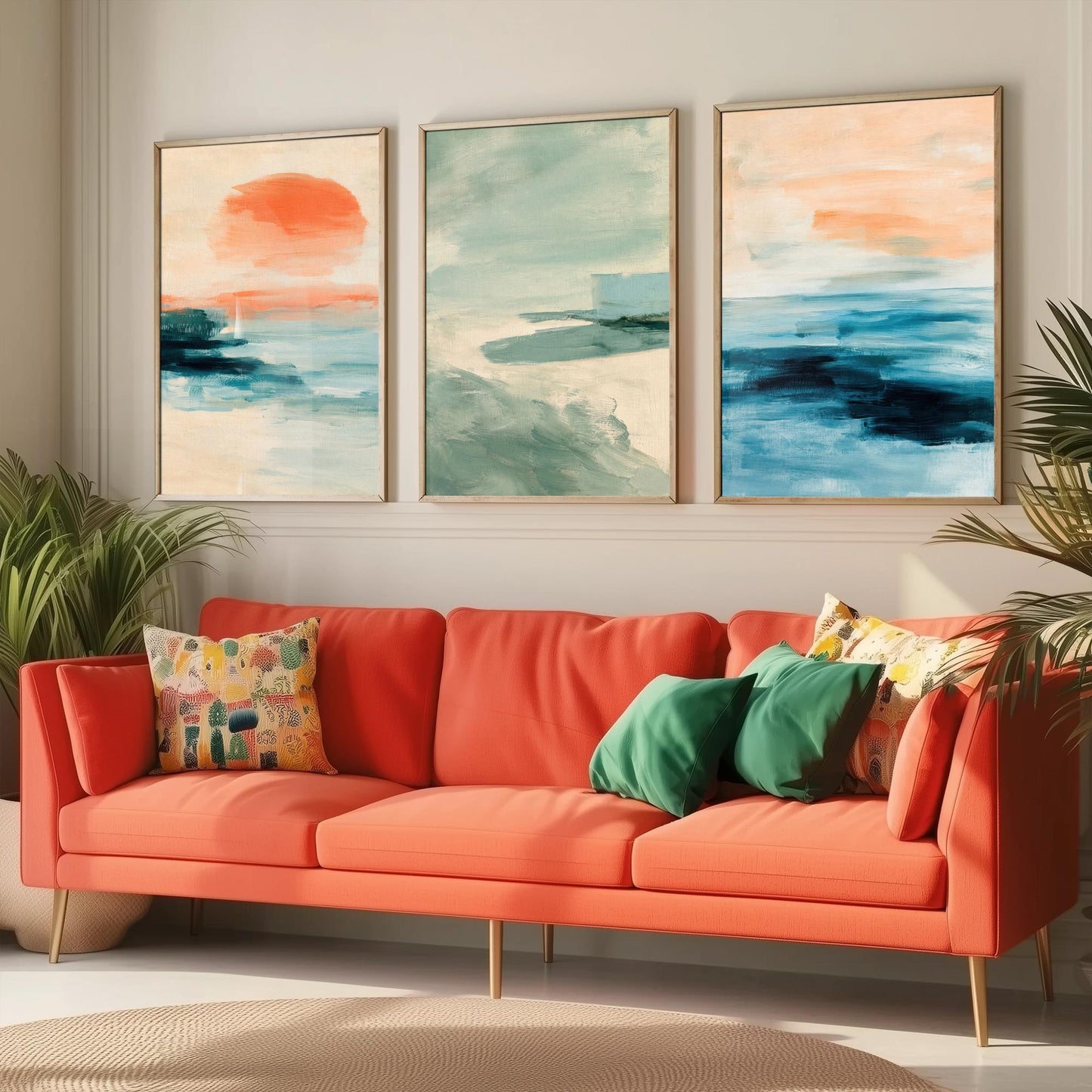 Abstract Seascape Set of Three Art Prints - Peach & Mint Ocean Wall Art - Coastal Poster Painting Gift Calm Beach Decor