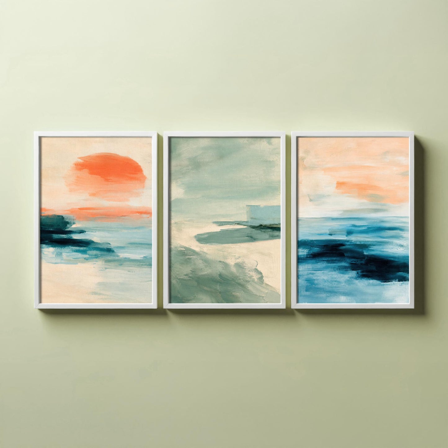 Abstract Seascape Set of Three Art Prints - Peach & Mint Ocean Wall Art - Coastal Poster Painting Gift Calm Beach Decor