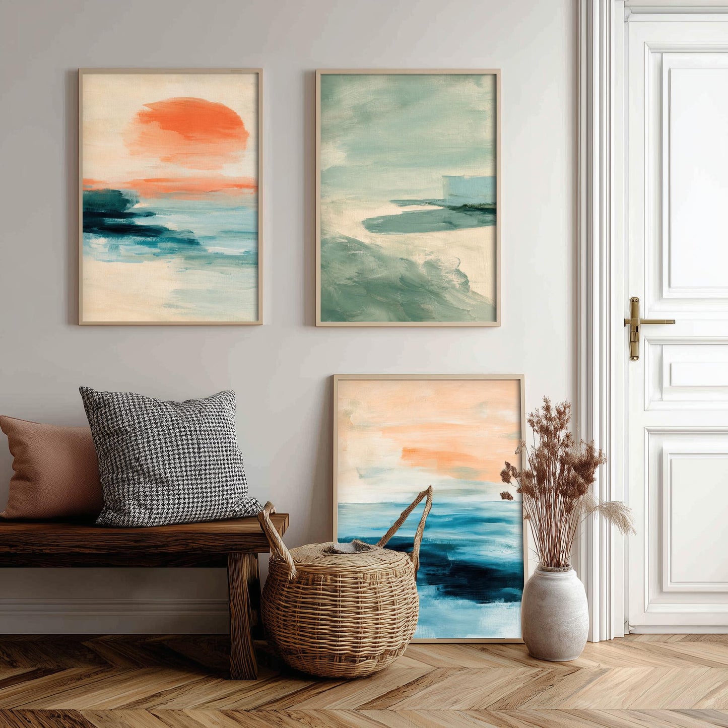 Abstract Seascape Set of Three Art Prints - Peach & Mint Ocean Wall Art - Coastal Poster Painting Gift Calm Beach Decor