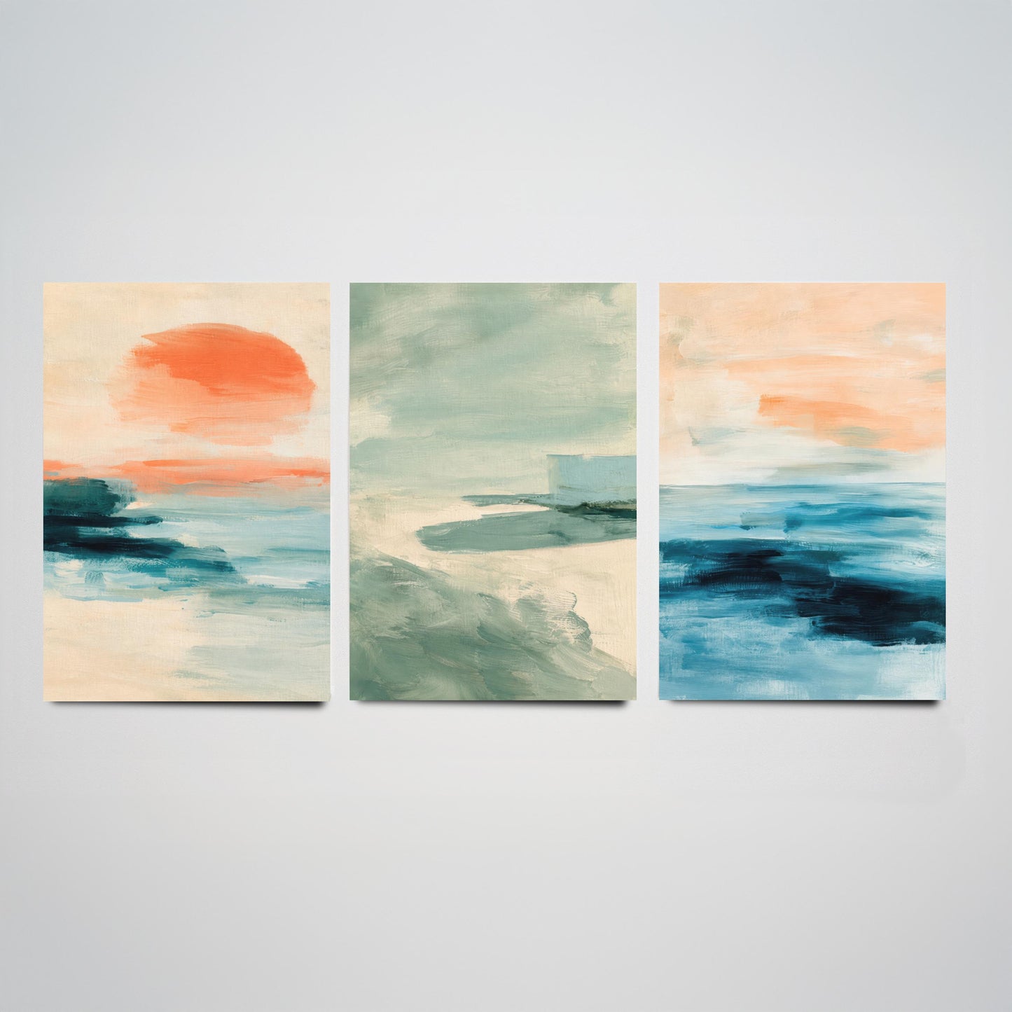 Abstract Seascape Set of Three Art Prints - Peach & Mint Ocean Wall Art - Coastal Poster Painting Gift Calm Beach Decor