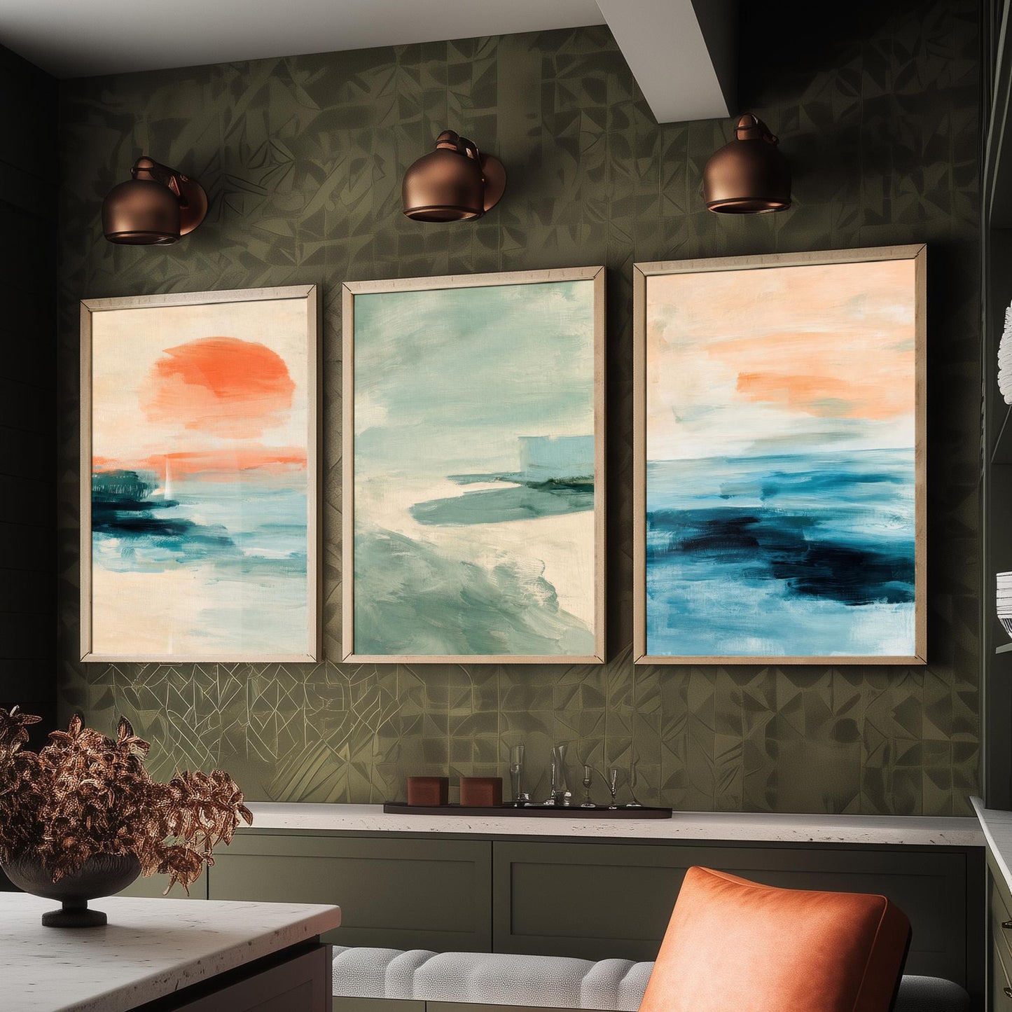 Abstract Seascape Set of Three Art Prints - Peach & Mint Ocean Wall Art - Coastal Poster Painting Gift Calm Beach Decor