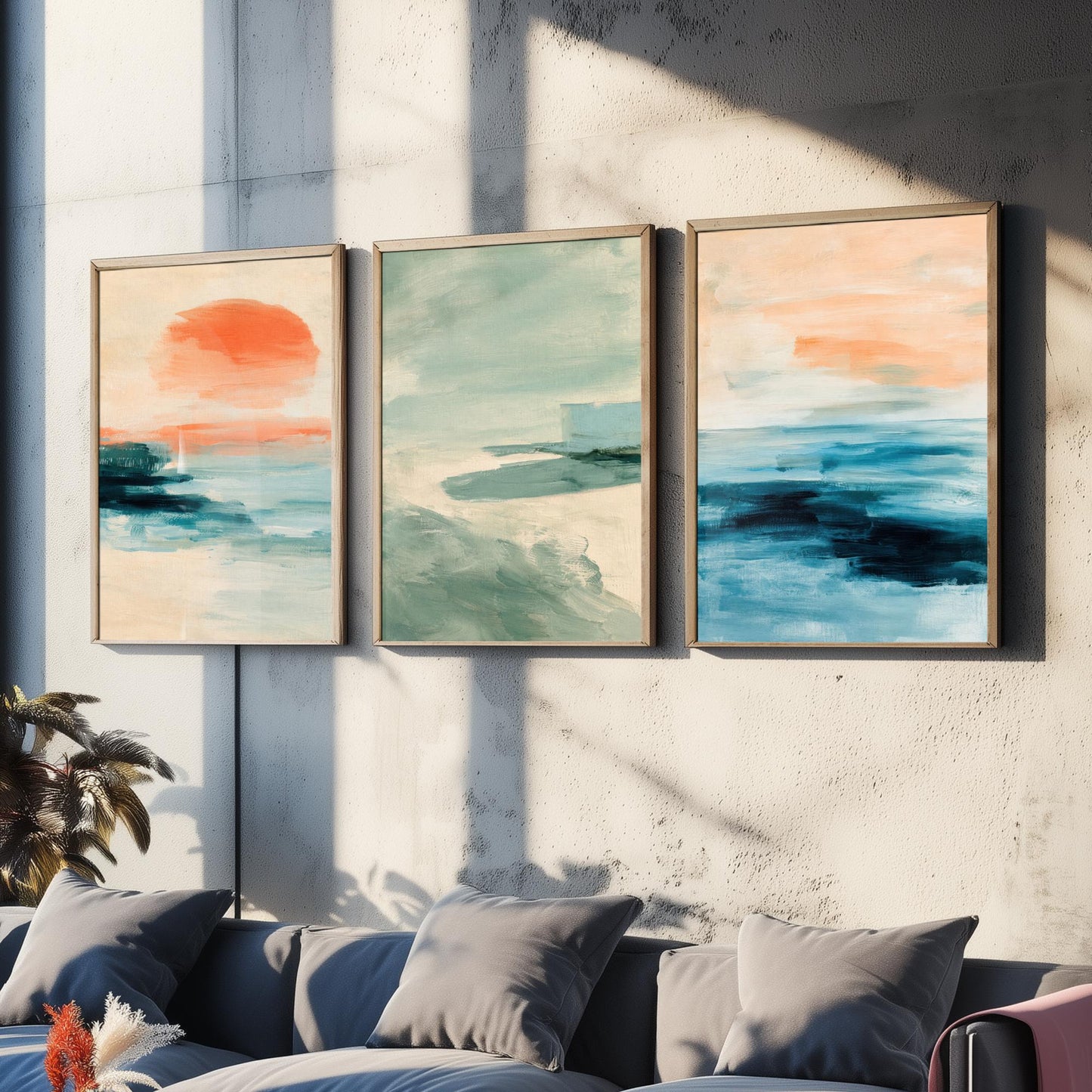 Abstract Seascape Set of Three Art Prints - Peach & Mint Ocean Wall Art - Coastal Poster Painting Gift Calm Beach Decor