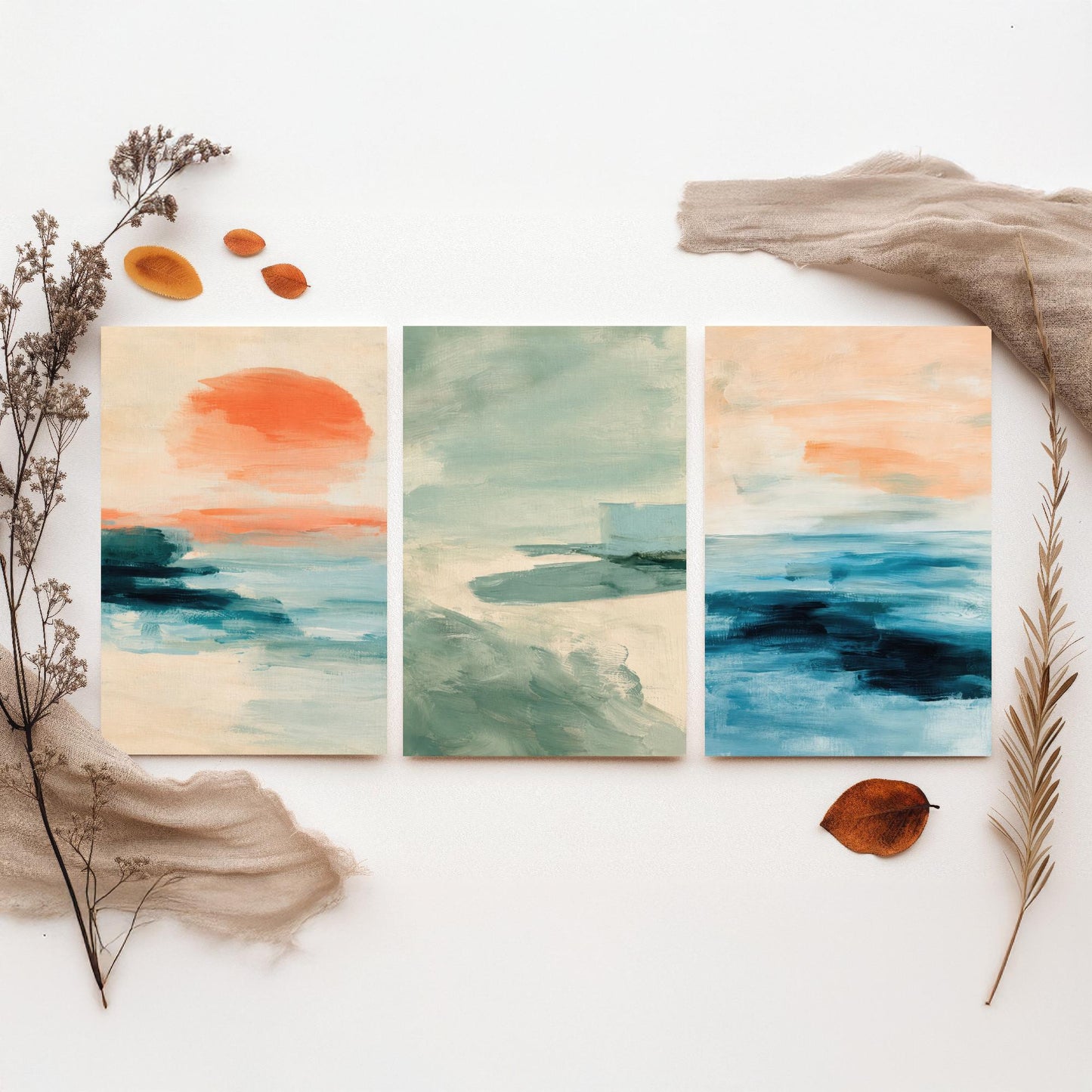 Abstract Seascape Set of Three Art Prints - Peach & Mint Ocean Wall Art - Coastal Poster Painting Gift Calm Beach Decor