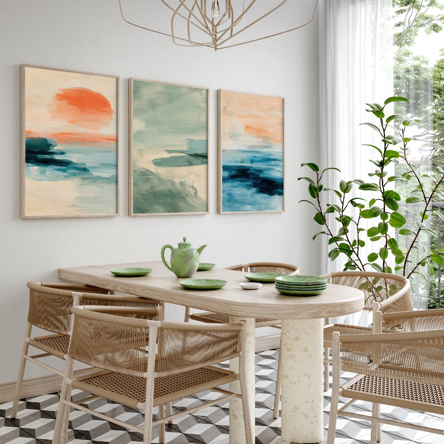 Abstract Seascape Set of Three Art Prints - Peach & Mint Ocean Wall Art - Coastal Poster Painting Gift Calm Beach Decor
