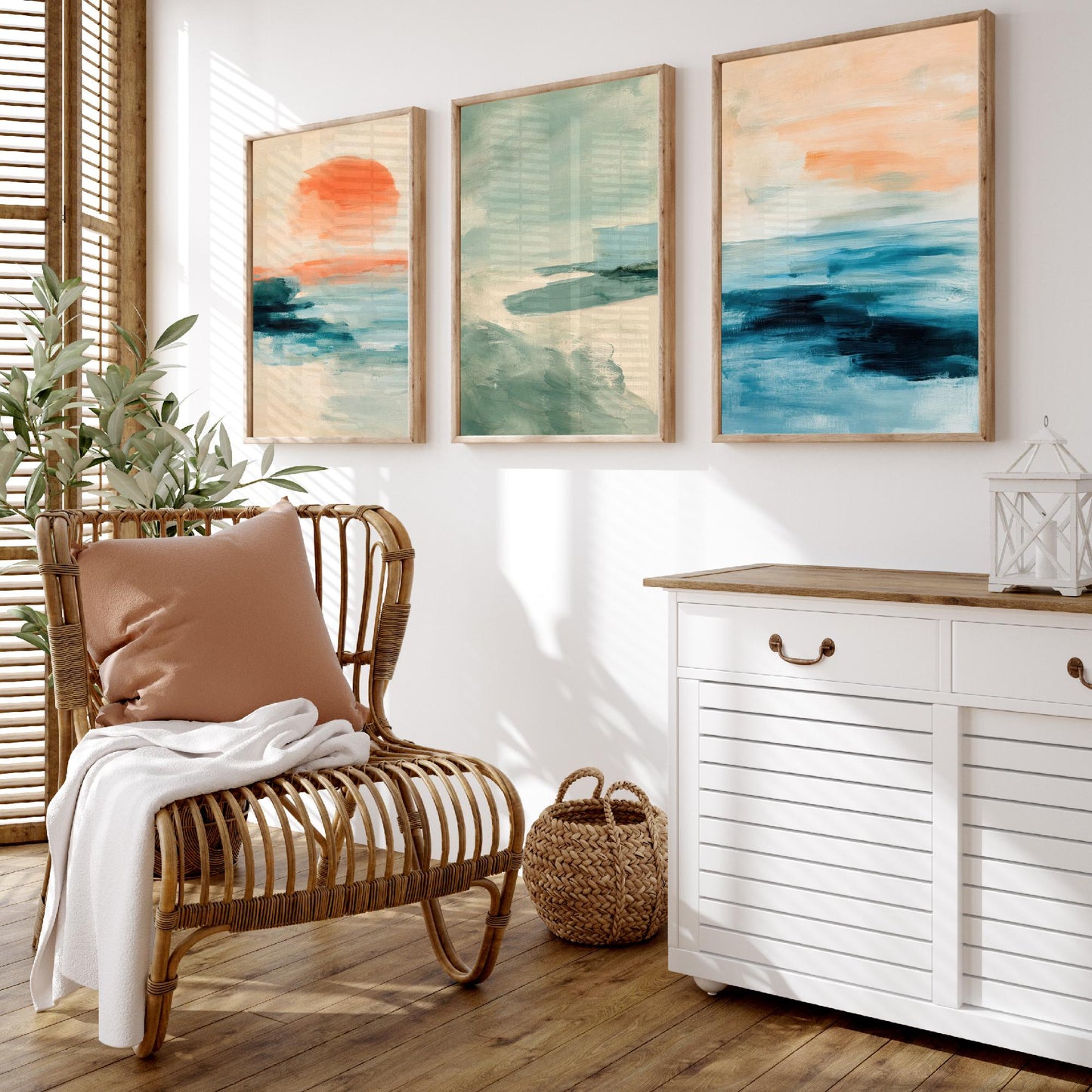 Abstract Seascape Set of Three Art Prints - Peach & Mint Ocean Wall Art - Coastal Poster Painting Gift Calm Beach Decor