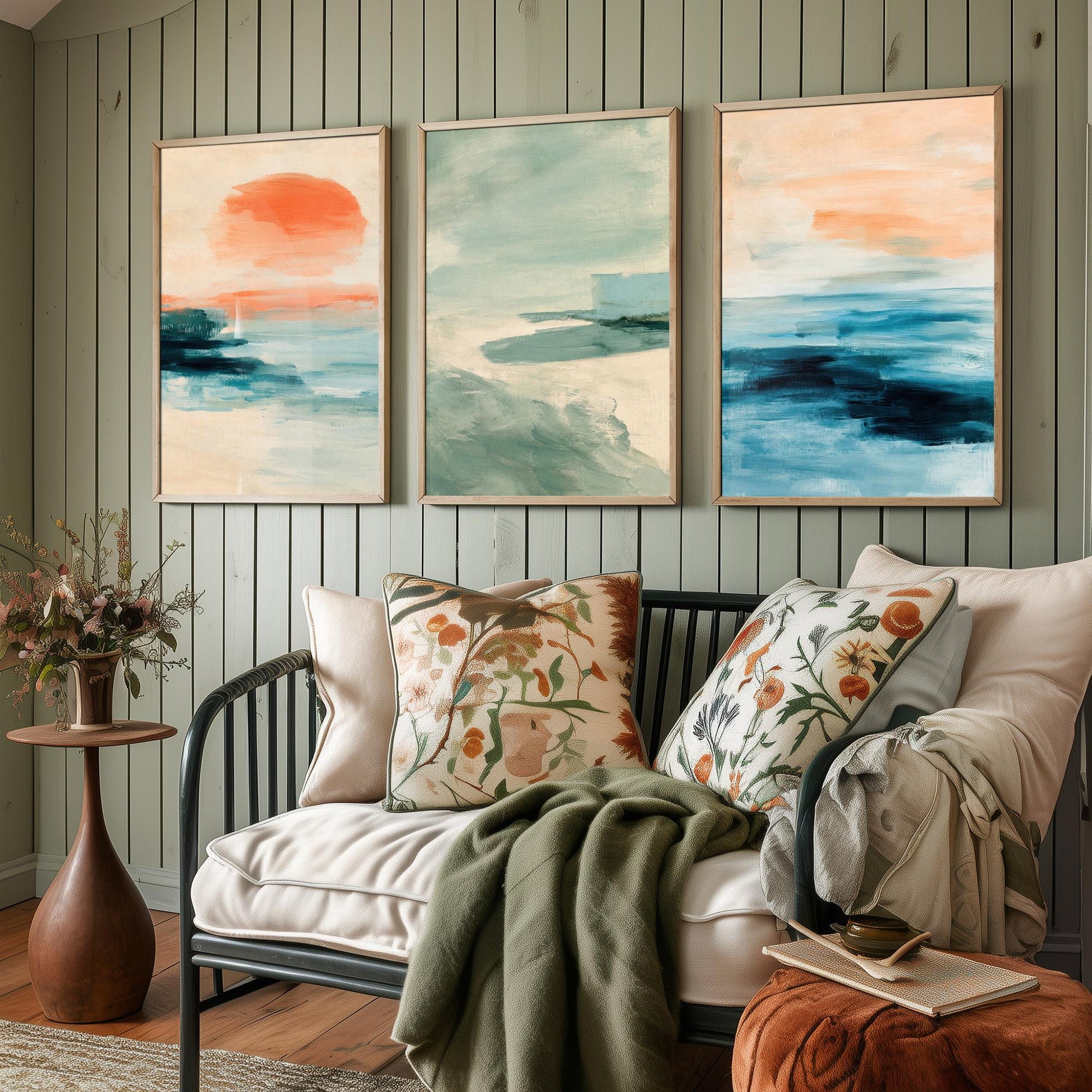 Abstract Seascape Set of Three Art Prints - Peach & Mint Ocean Wall Art - Coastal Poster Painting Gift Calm Beach Decor