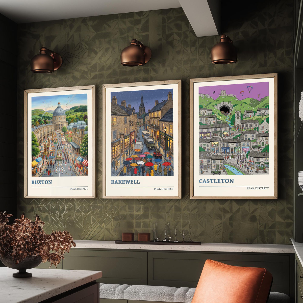 Peak District Set of Three Art Prints - Buxton, Bakewell, Castleton - 3 Colourful Folk Illustration Travel Posters - Derbyshire Painting
