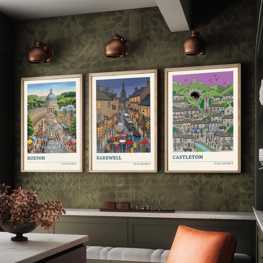 Peak District Set of Three Art Prints - Buxton, Bakewell, Castleton - 3 Colourful Folk Illustration Travel Posters - Derbyshire Painting