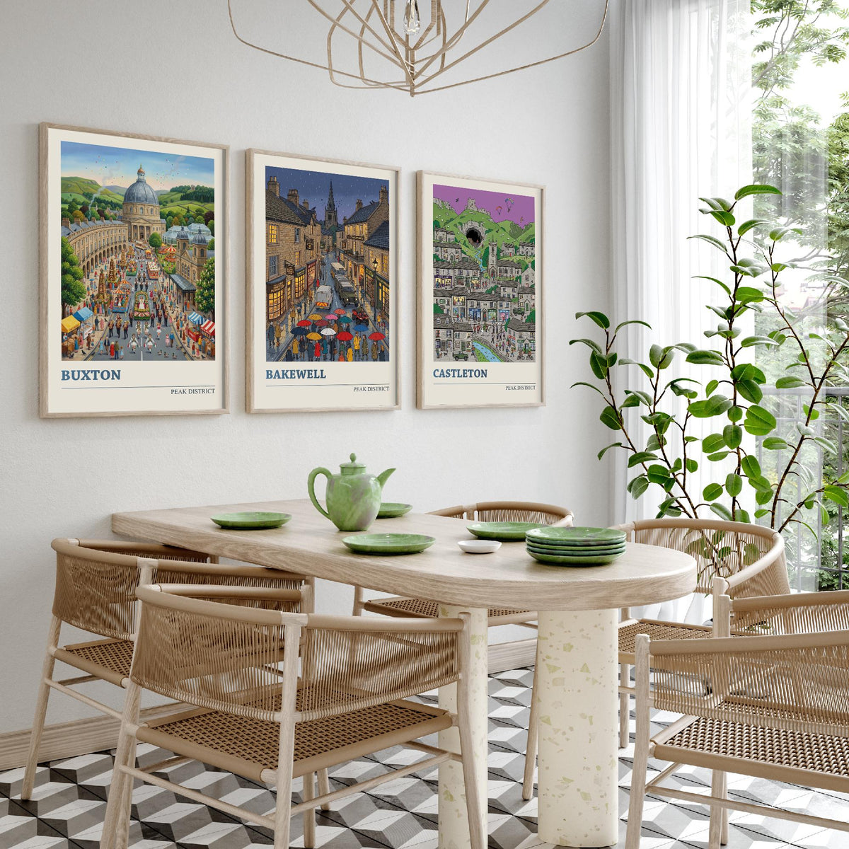 Peak District Set of Three Art Prints - Buxton, Bakewell, Castleton - 3 Colourful Folk Illustration Travel Posters - Derbyshire Painting