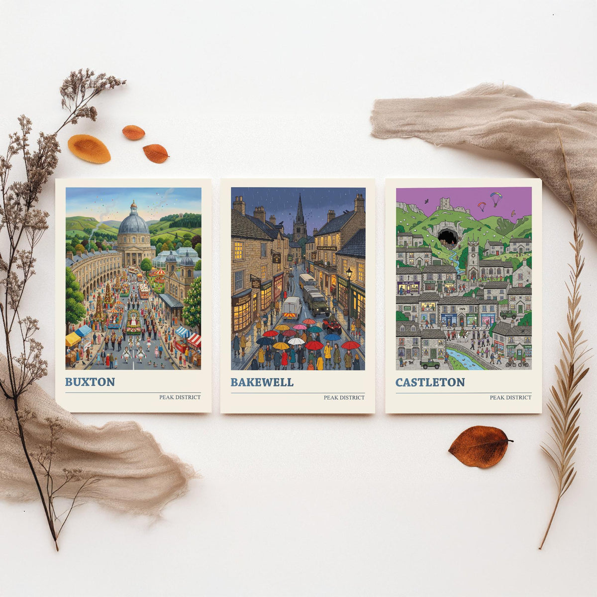 Peak District Set of Three Art Prints - Buxton, Bakewell, Castleton - 3 Colourful Folk Illustration Travel Posters - Derbyshire Painting
