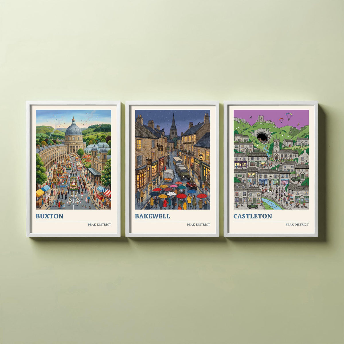 Peak District Set of Three Art Prints - Buxton, Bakewell, Castleton - 3 Colourful Folk Illustration Travel Posters - Derbyshire Painting