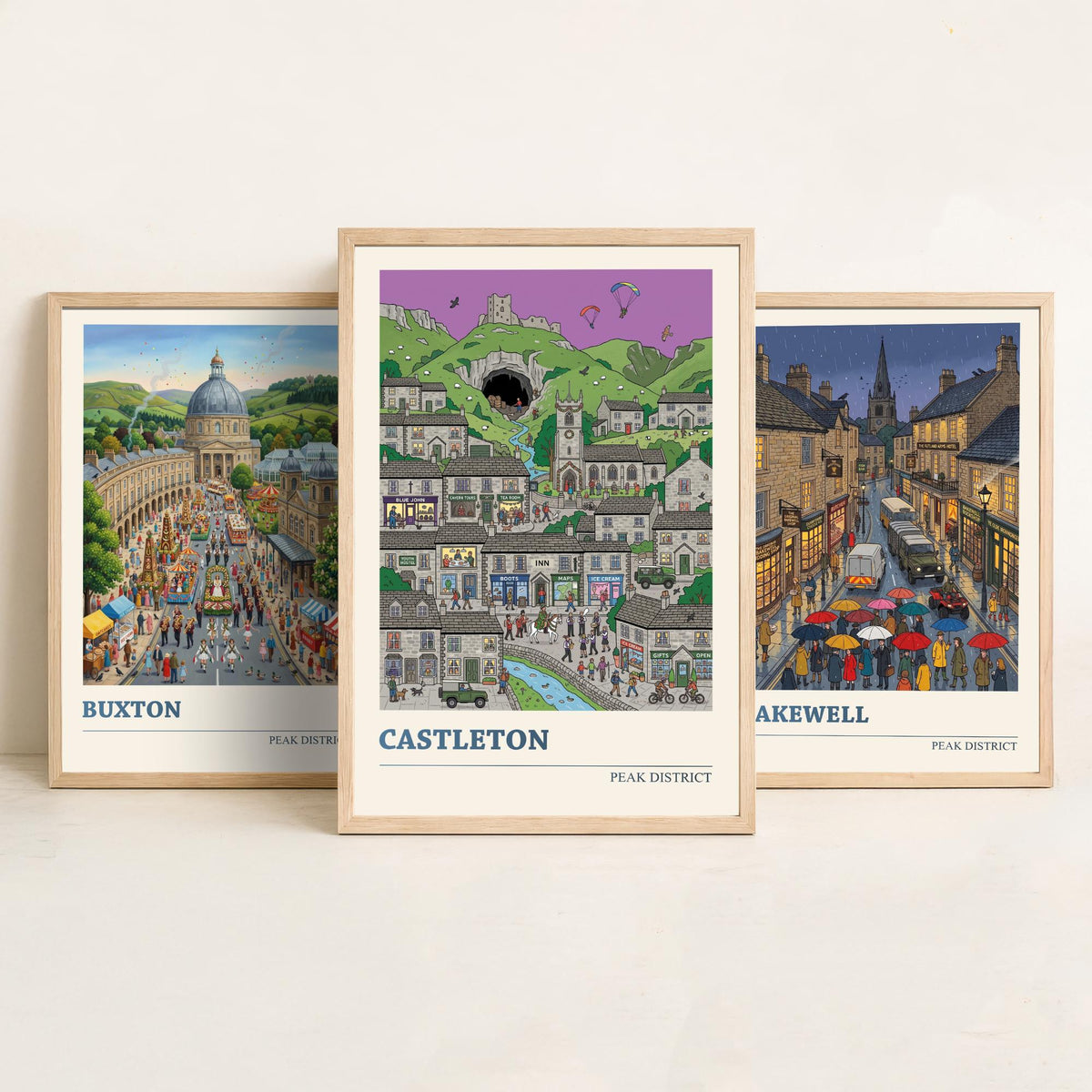 Peak District Set of Three Art Prints - Buxton, Bakewell, Castleton - 3 Colourful Folk Illustration Travel Posters - Derbyshire Painting