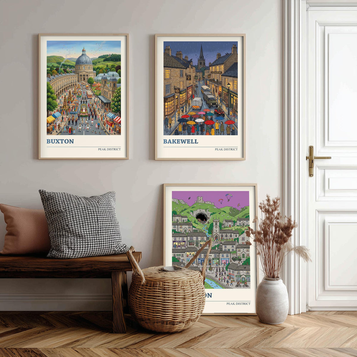 Peak District Set of Three Art Prints - Buxton, Bakewell, Castleton - 3 Colourful Folk Illustration Travel Posters - Derbyshire Painting