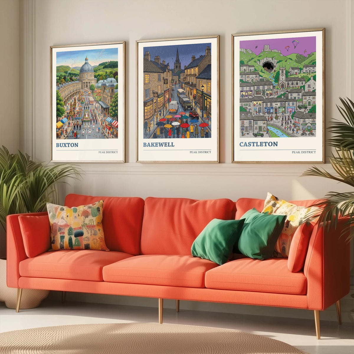 Peak District Set of Three Art Prints - Buxton, Bakewell, Castleton - 3 Colourful Folk Illustration Travel Posters - Derbyshire Painting