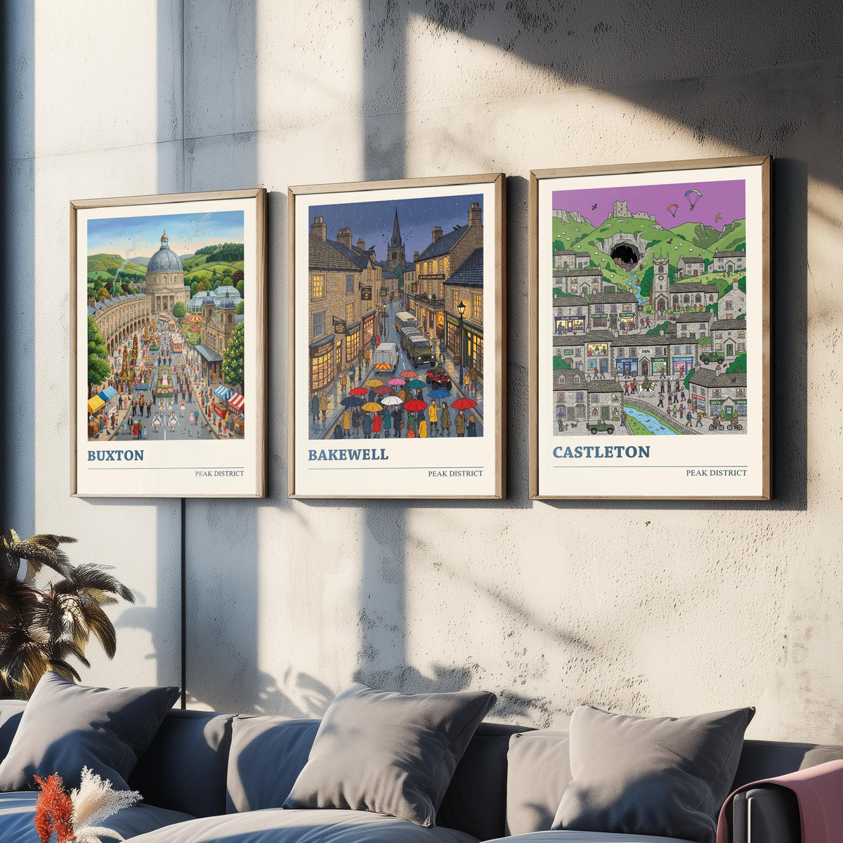 Peak District Set of Three Art Prints - Buxton, Bakewell, Castleton - 3 Colourful Folk Illustration Travel Posters - Derbyshire Painting