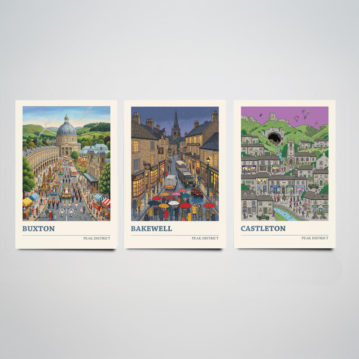 Peak District Set of Three Art Prints - Buxton, Bakewell, Castleton - 3 Colourful Folk Illustration Travel Posters - Derbyshire Painting