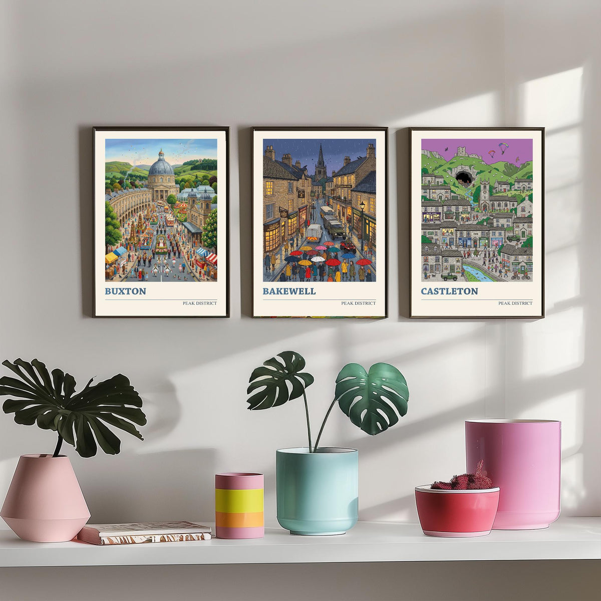 Peak District Set of Three Art Prints - Buxton, Bakewell, Castleton - 3 Colourful Folk Illustration Travel Posters - Derbyshire Painting