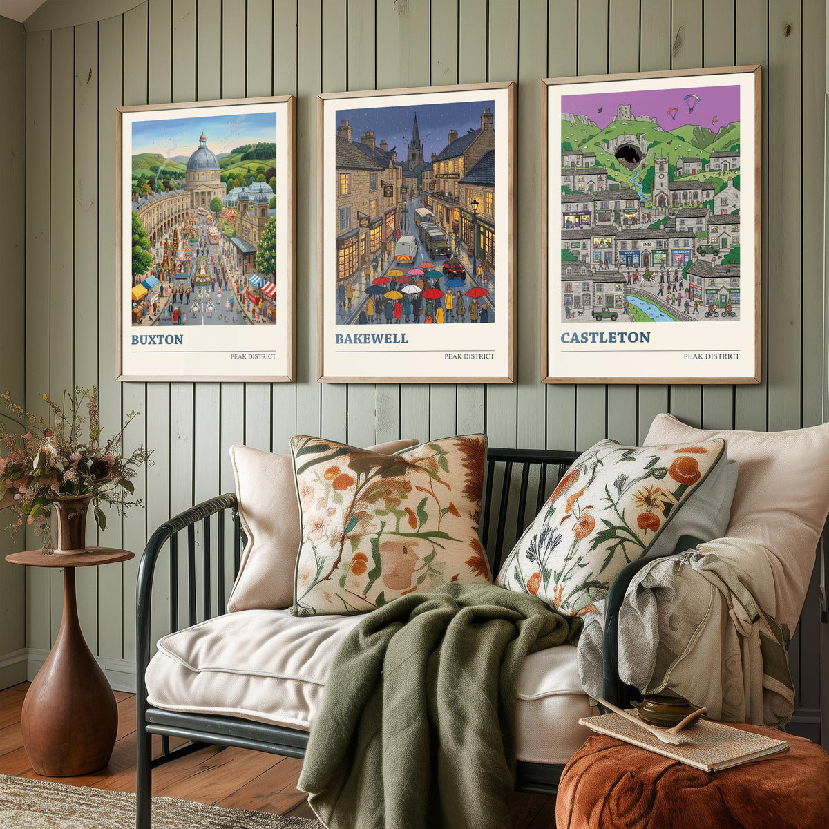 Peak District Set of Three Art Prints - Buxton, Bakewell, Castleton - 3 Colourful Folk Illustration Travel Posters - Derbyshire Painting