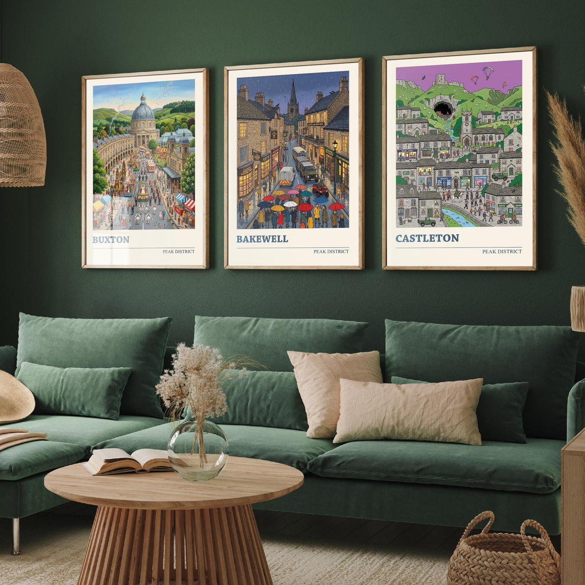 Peak District Set of Three Art Prints - Buxton, Bakewell, Castleton - 3 Colourful Folk Illustration Travel Posters - Derbyshire Painting