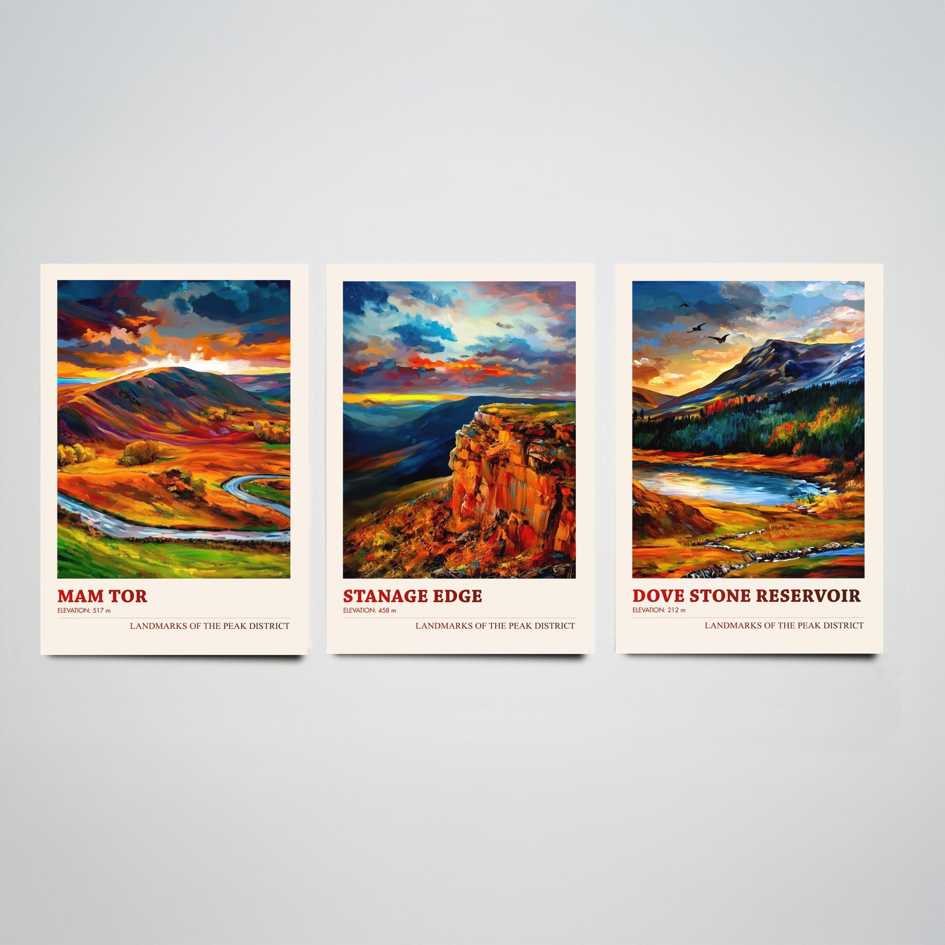 Peak District Set of Three Travel Posters - Mam Tor, Stanage Edge, Dove Stone Reservoir - 3 Landscape Art Prints Painting Gift Map