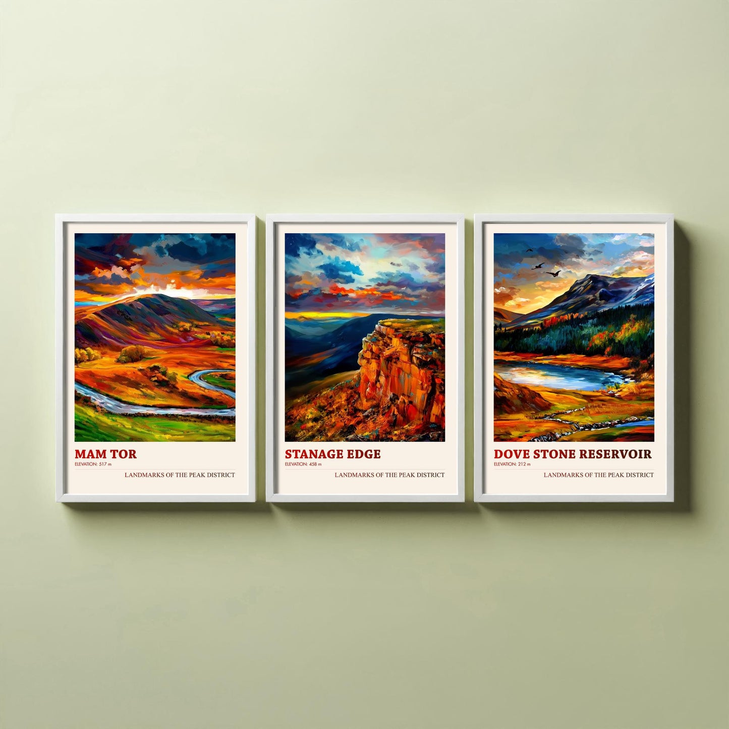 Peak District Set of Three Travel Posters - Mam Tor, Stanage Edge, Dove Stone Reservoir - 3 Landscape Art Prints Painting Gift Map