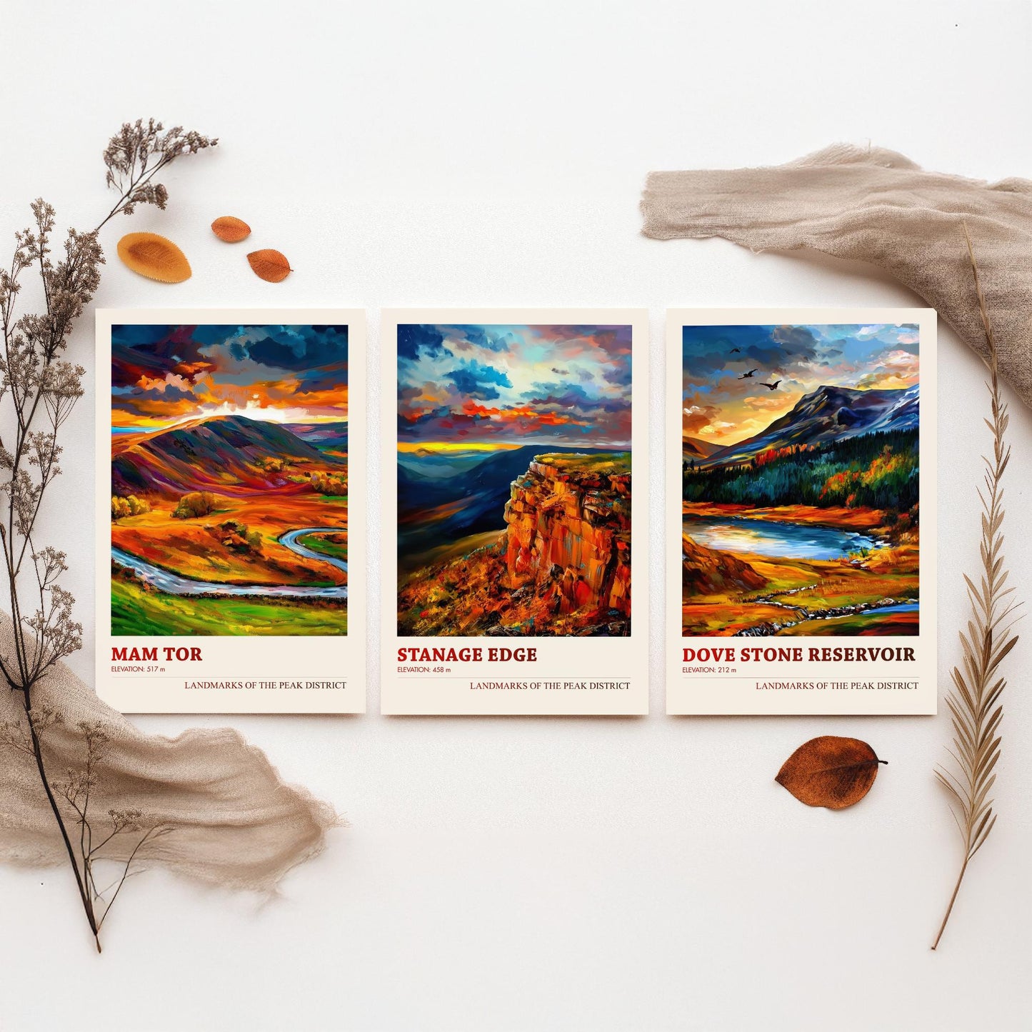 Peak District Set of Three Travel Posters - Mam Tor, Stanage Edge, Dove Stone Reservoir - 3 Landscape Art Prints Painting Gift Map