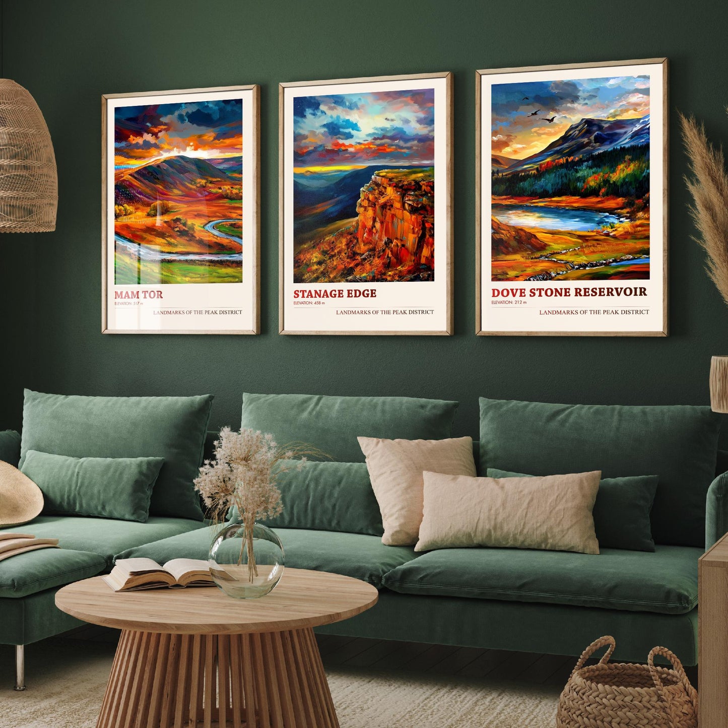 Peak District Set of Three Travel Posters - Mam Tor, Stanage Edge, Dove Stone Reservoir - 3 Landscape Art Prints Painting Gift Map