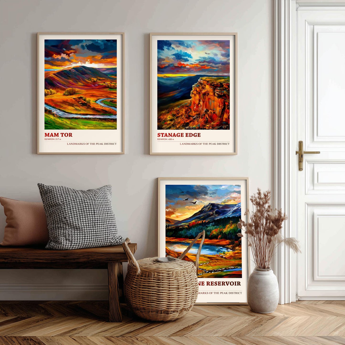 Peak District Set of Three Travel Posters - Mam Tor, Stanage Edge, Dove Stone Reservoir - 3 Landscape Art Prints Painting Gift Map
