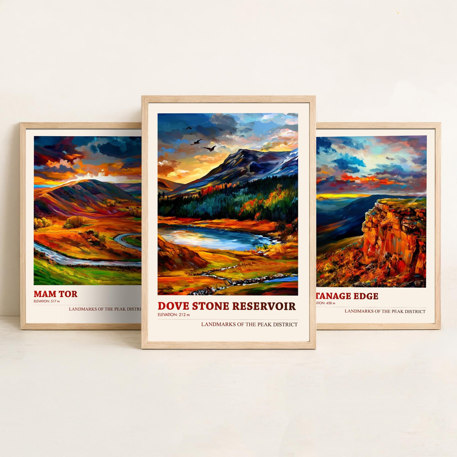 Peak District Set of Three Travel Posters - Mam Tor, Stanage Edge, Dove Stone Reservoir - 3 Landscape Art Prints Painting Gift Map