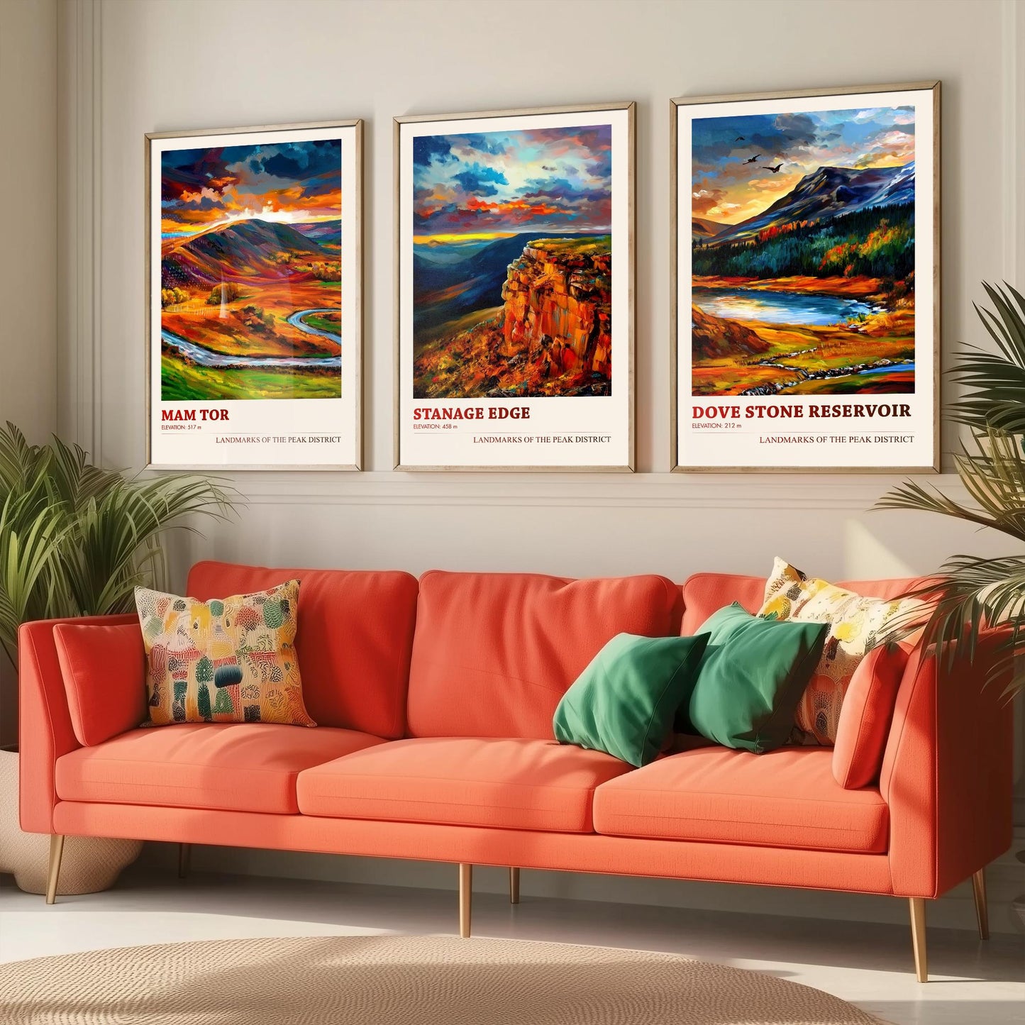 Peak District Set of Three Travel Posters - Mam Tor, Stanage Edge, Dove Stone Reservoir - 3 Landscape Art Prints Painting Gift Map
