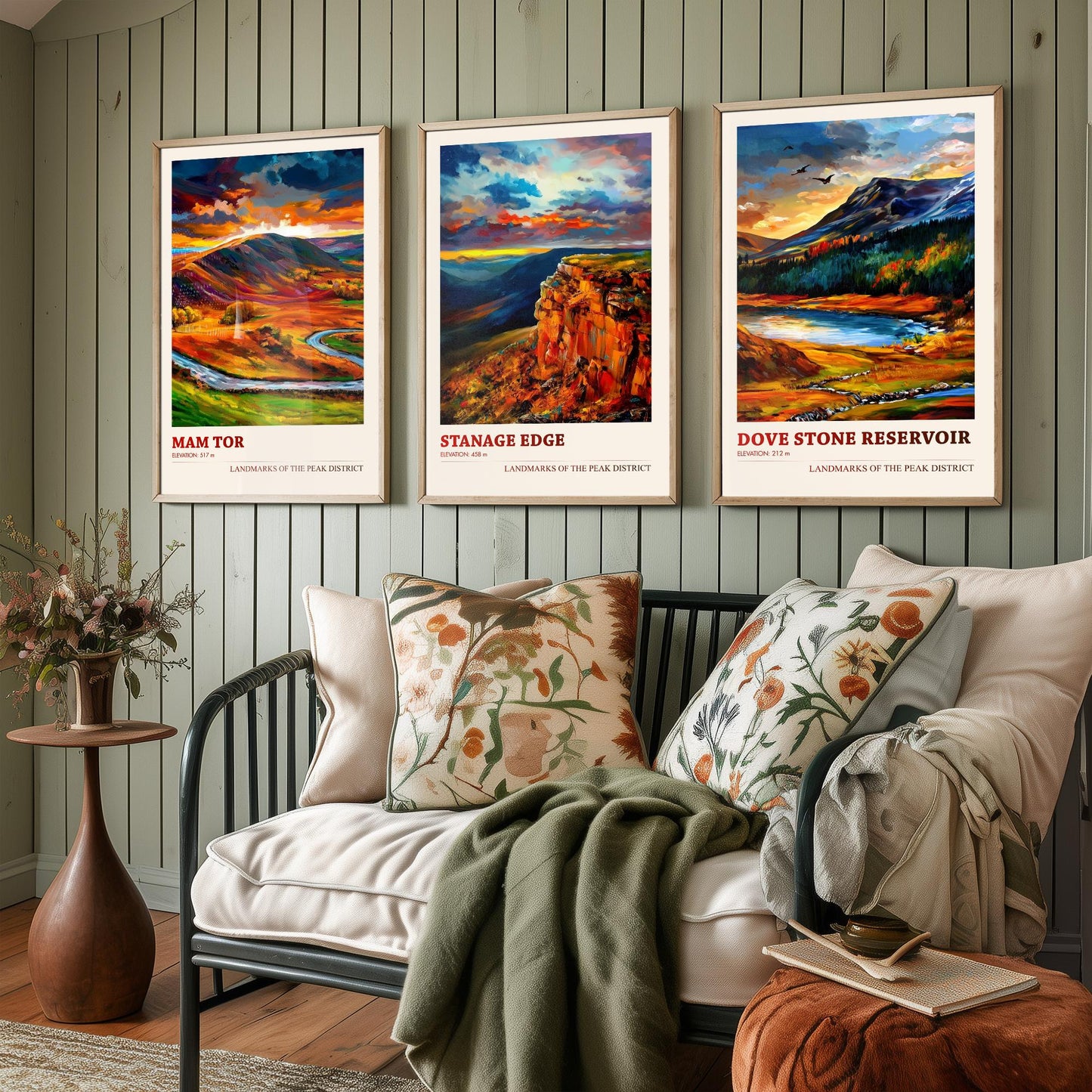 Peak District Set of Three Travel Posters - Mam Tor, Stanage Edge, Dove Stone Reservoir - 3 Landscape Art Prints Painting Gift Map