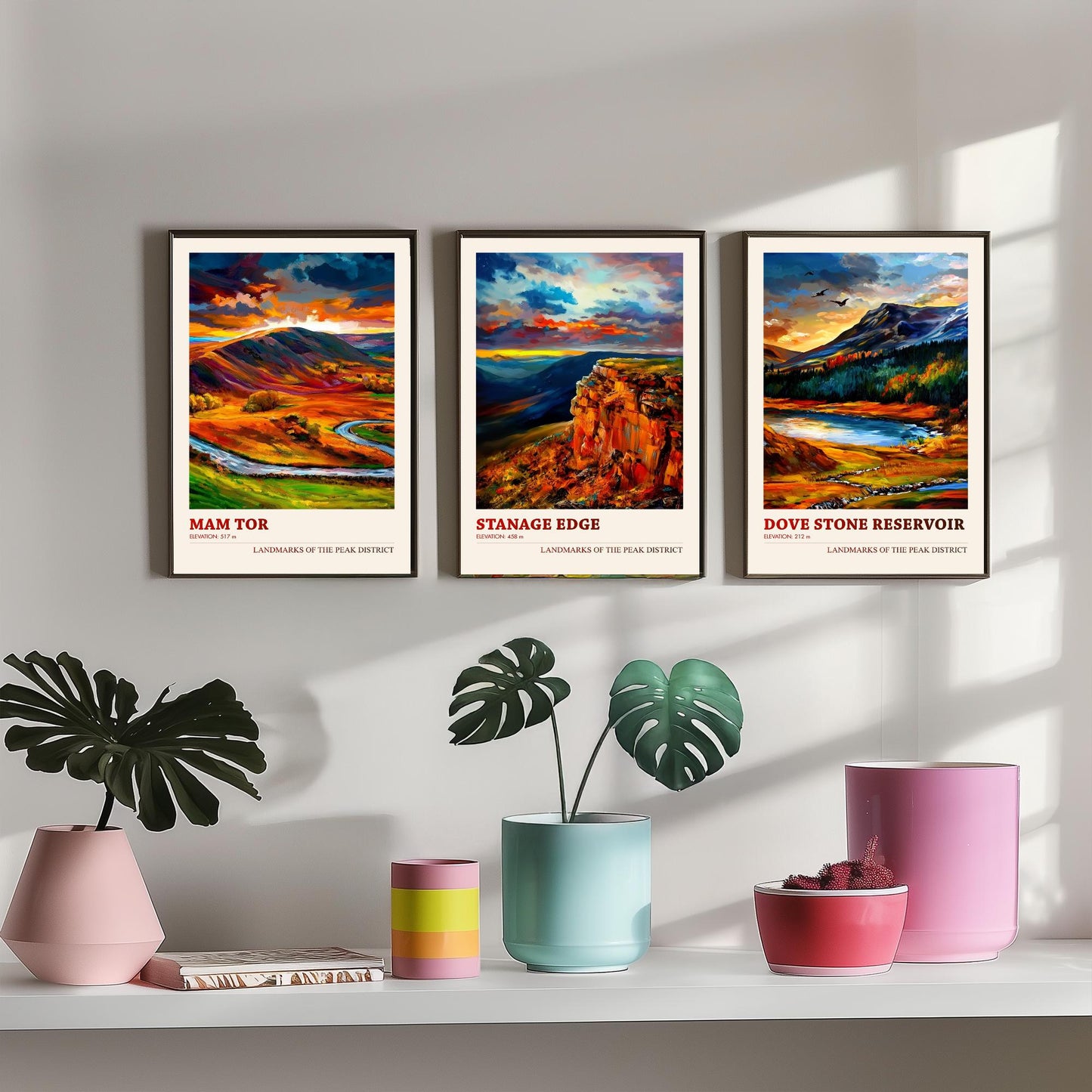 Peak District Set of Three Travel Posters - Mam Tor, Stanage Edge, Dove Stone Reservoir - 3 Landscape Art Prints Painting Gift Map