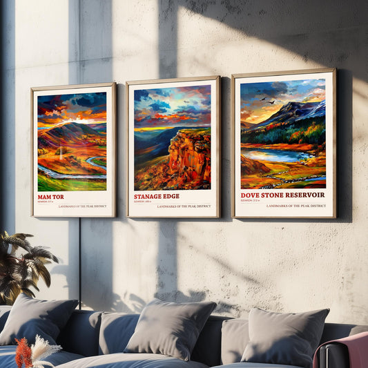 Peak District Set of Three Travel Posters - Mam Tor, Stanage Edge, Dove Stone Reservoir - 3 Landscape Art Prints Painting Gift Map