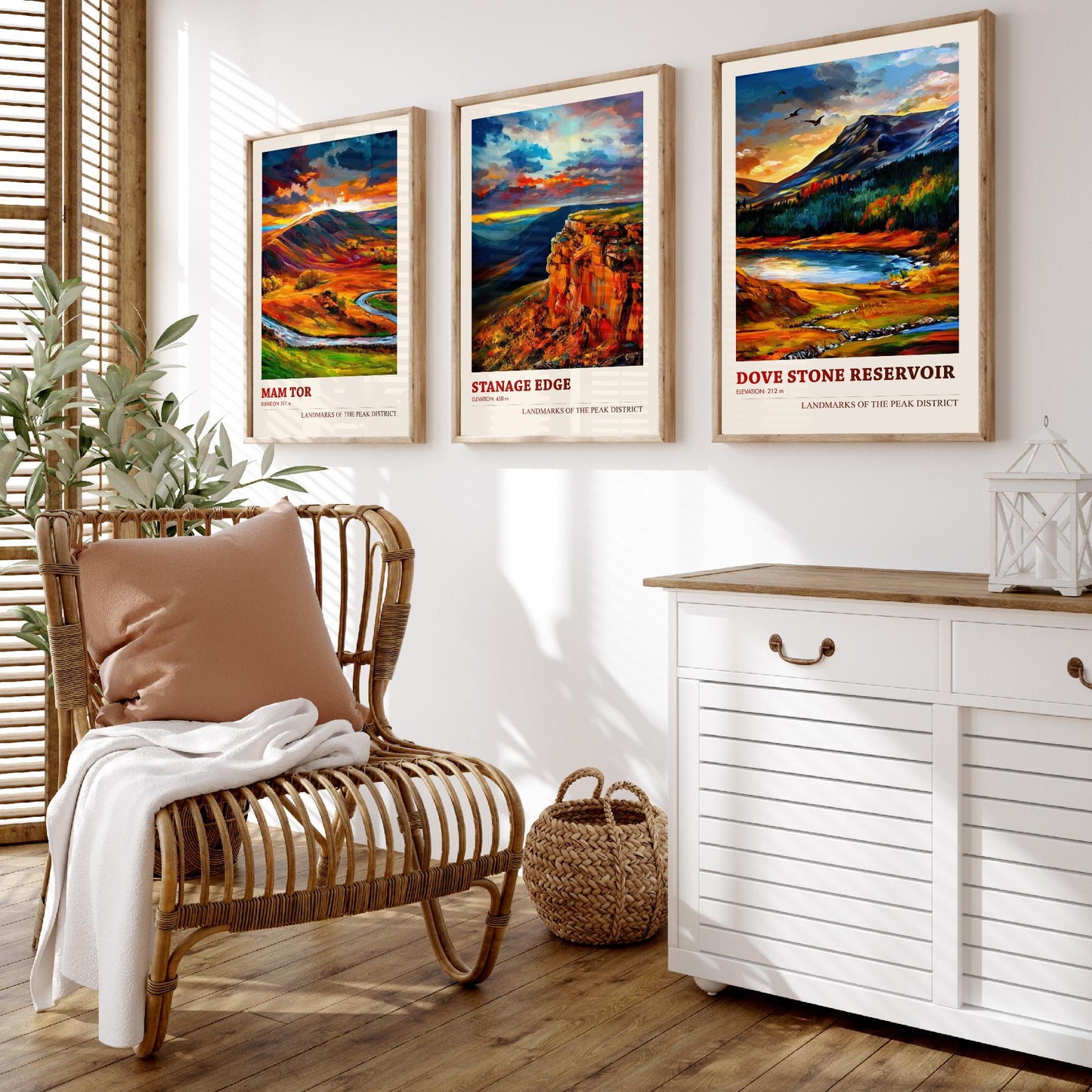 Peak District Set of Three Travel Posters - Mam Tor, Stanage Edge, Dove Stone Reservoir - 3 Landscape Art Prints Painting Gift Map