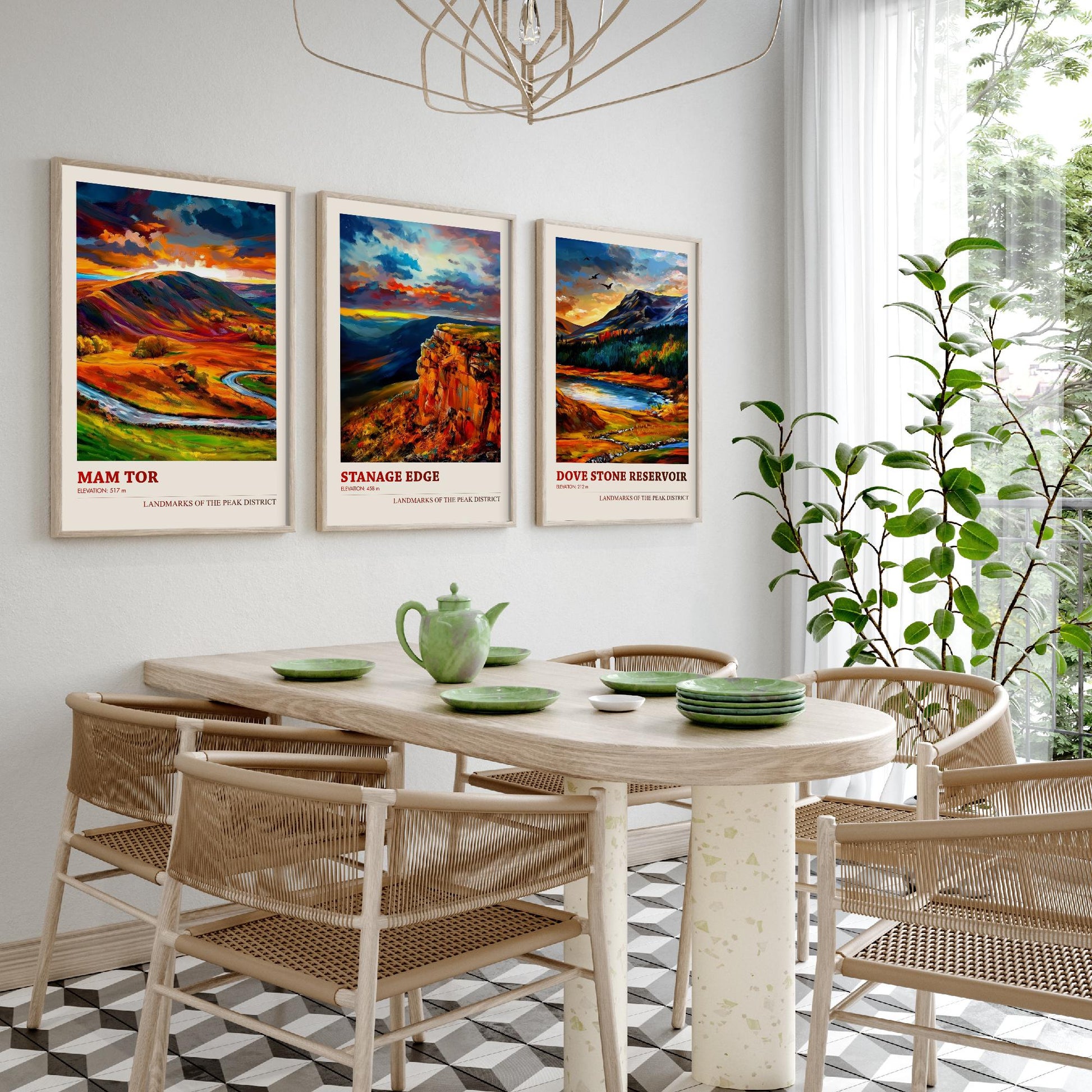 Peak District Set of Three Travel Posters - Mam Tor, Stanage Edge, Dove Stone Reservoir - 3 Landscape Art Prints Painting Gift Map