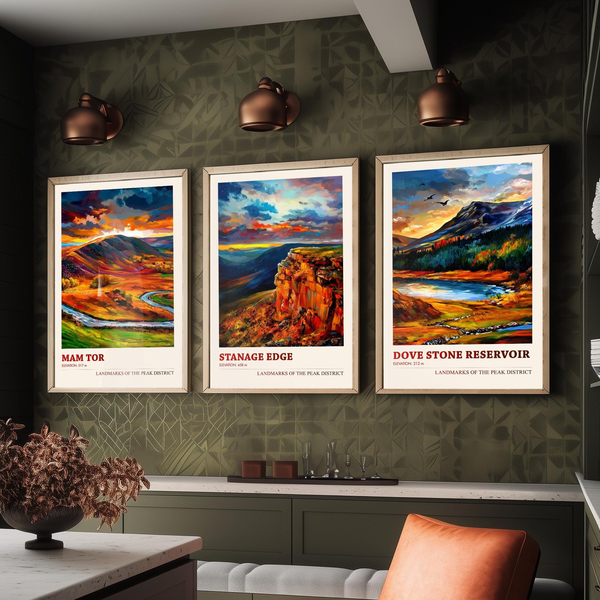 Peak District Set of Three Travel Posters - Mam Tor, Stanage Edge, Dove Stone Reservoir - 3 Landscape Art Prints Painting Gift Map
