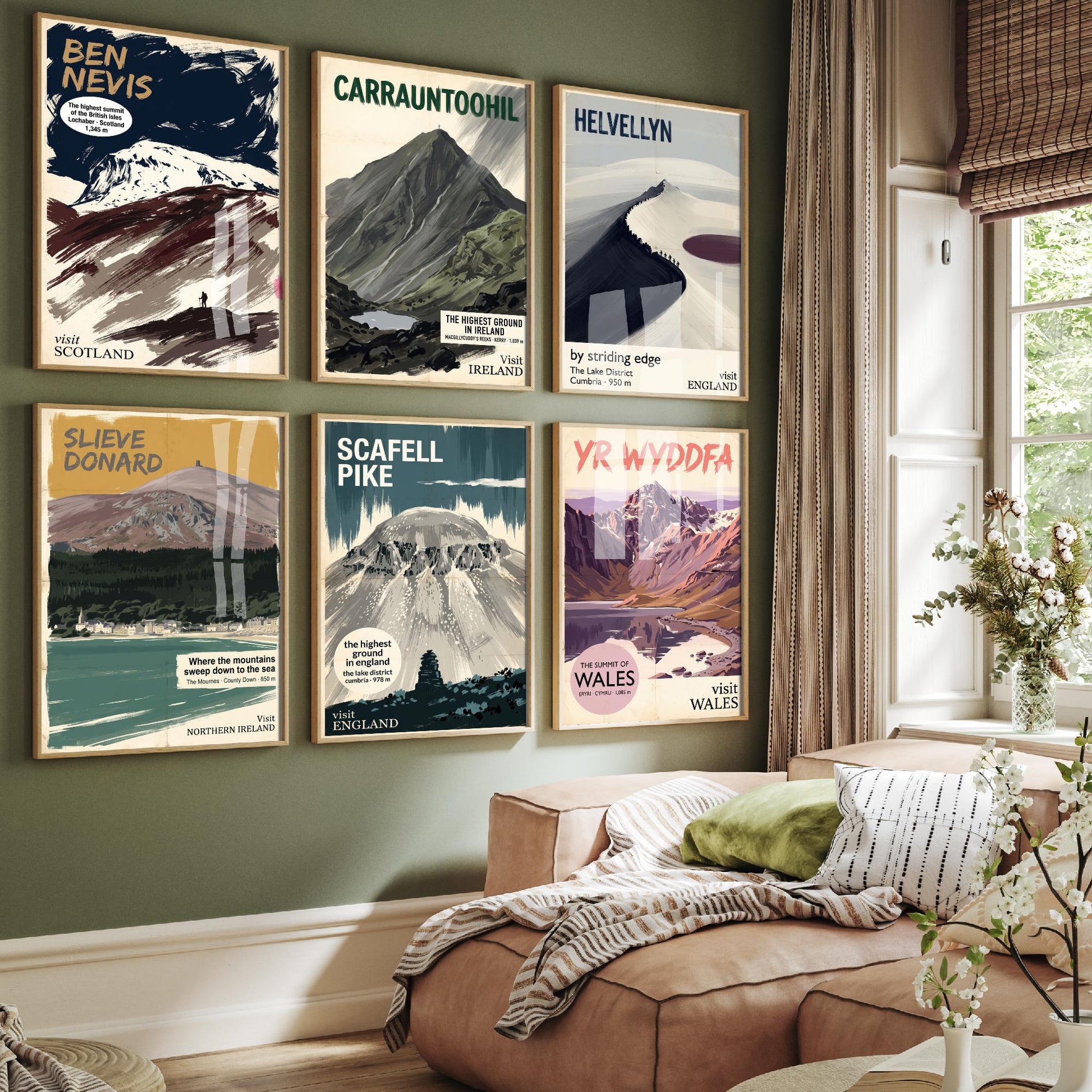 Set of Six Peaks of Britain and Ireland Paintings - 6 Vintage Travel Mountain Art Prints - Ben Nevis, Carrauntoohil, Yr Wyddfa Poster Set