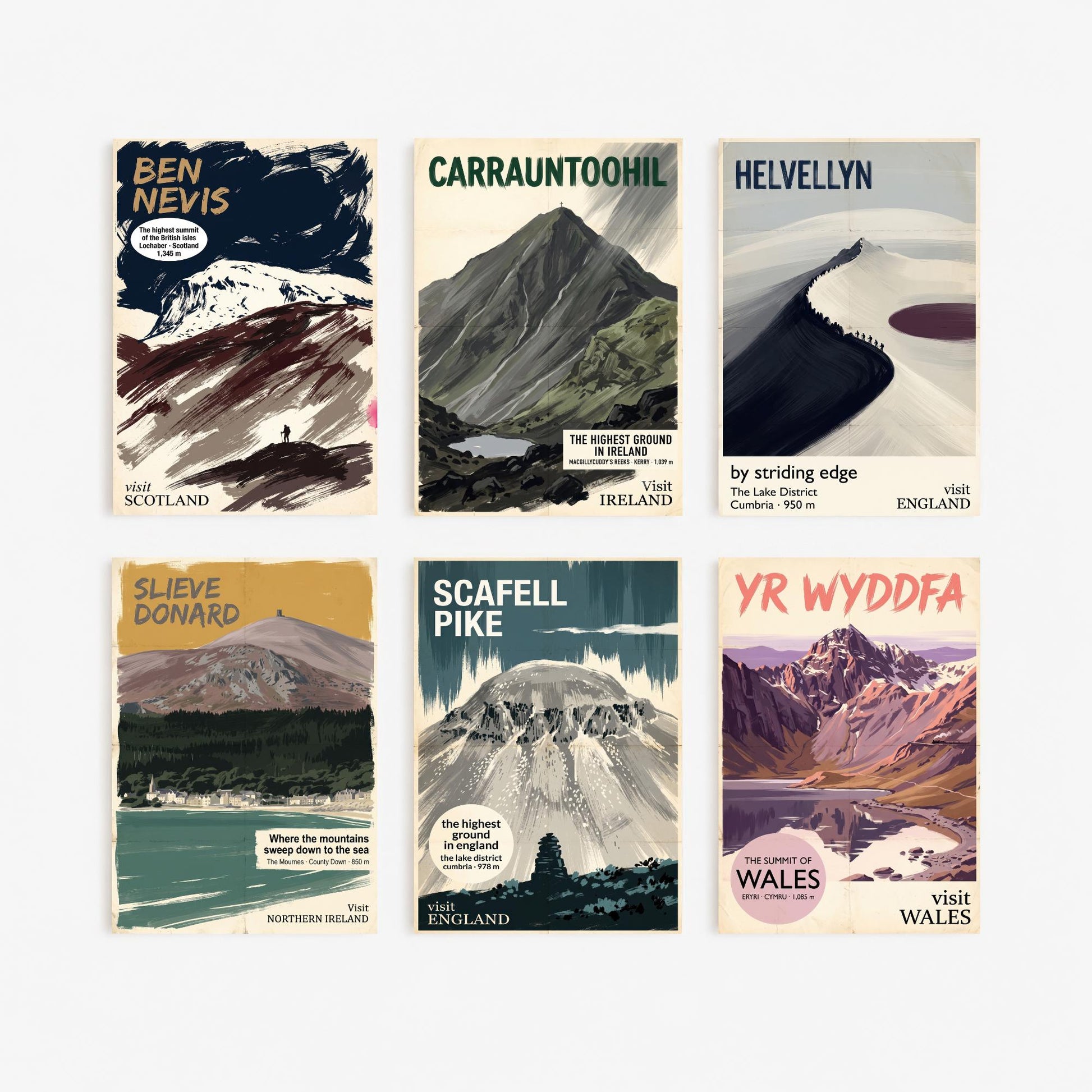 Set of Six Peaks of Britain and Ireland Paintings - 6 Vintage Travel Mountain Art Prints - Ben Nevis, Carrauntoohil, Yr Wyddfa Poster Set