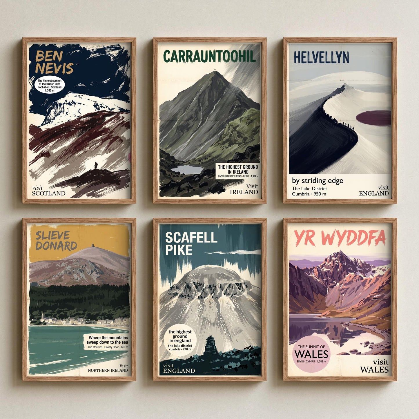 Set of Six Peaks of Britain and Ireland Paintings - 6 Vintage Travel Mountain Art Prints - Ben Nevis, Carrauntoohil, Yr Wyddfa Poster Set